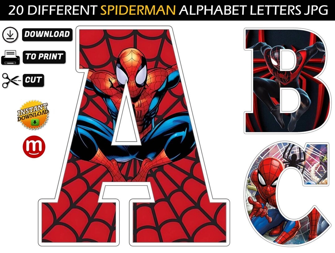 1000 IMAGES 20 Different Spiderman Alphabets Spiderman Wall Letters Jpg spiderman Party Supplies FREE Cake Topper And Birthday Banner Etsy