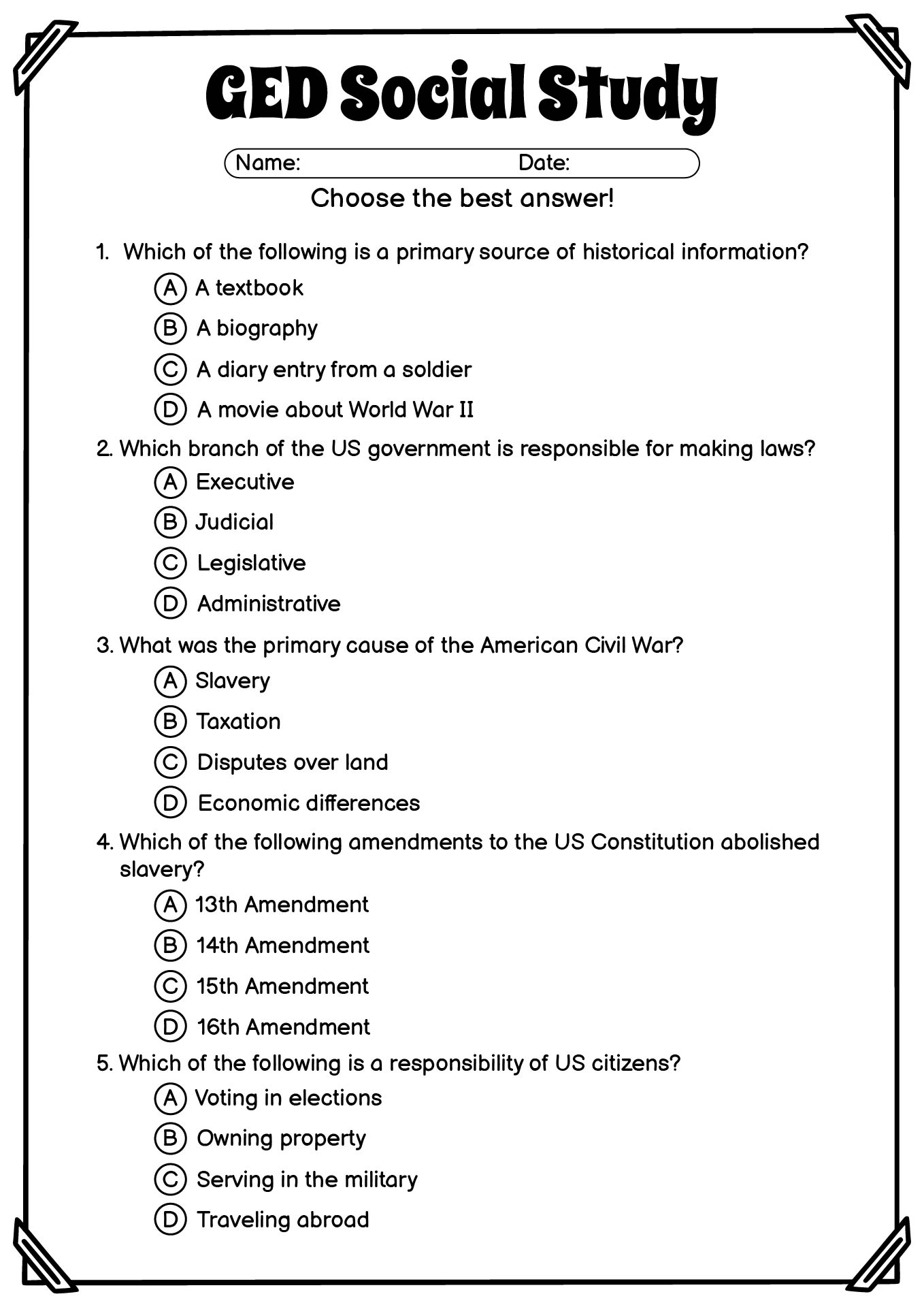 Free Sample Ged Test Printable