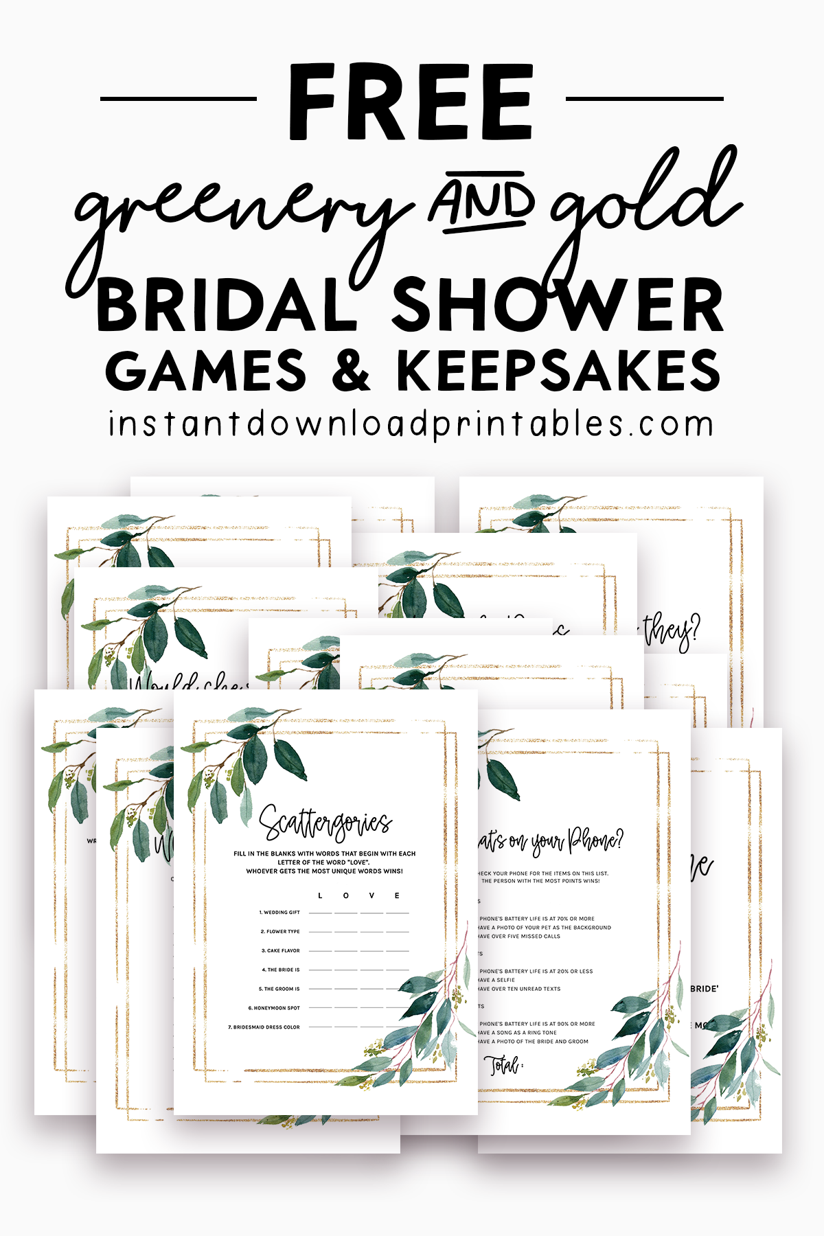 15 Free Bridal Shower Games And Keepsakes Printables Greenery And Gold Instant Download Printables