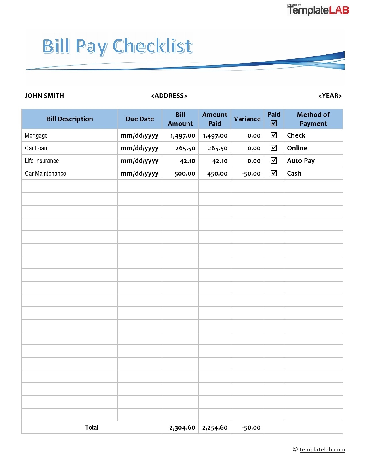 20 Free Bill Pay Checklists U0026 Bill Calendars PDF Word U0026 Excel 