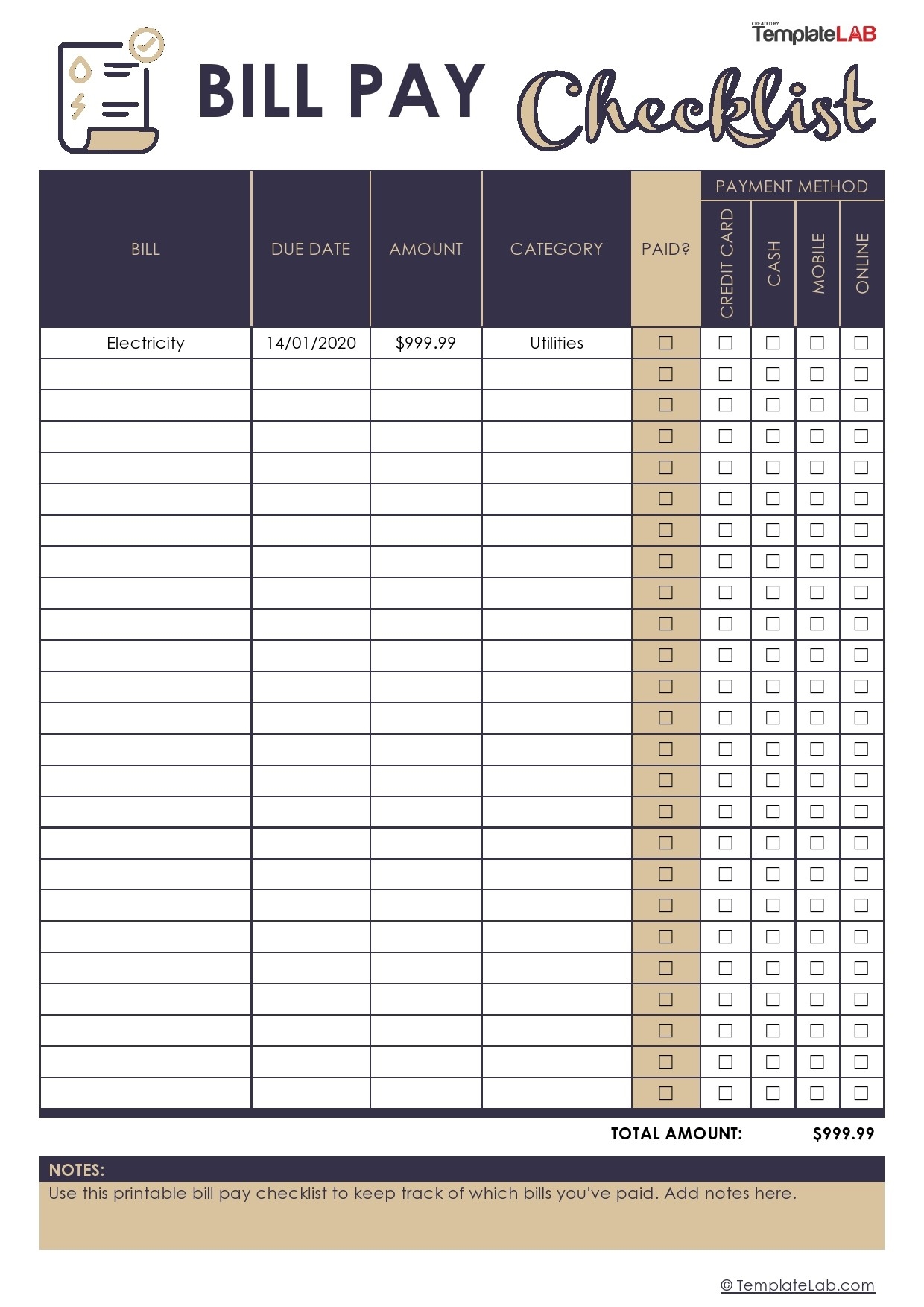 20 Free Bill Pay Checklists U0026 Bill Calendars PDF Word U0026 Excel 
