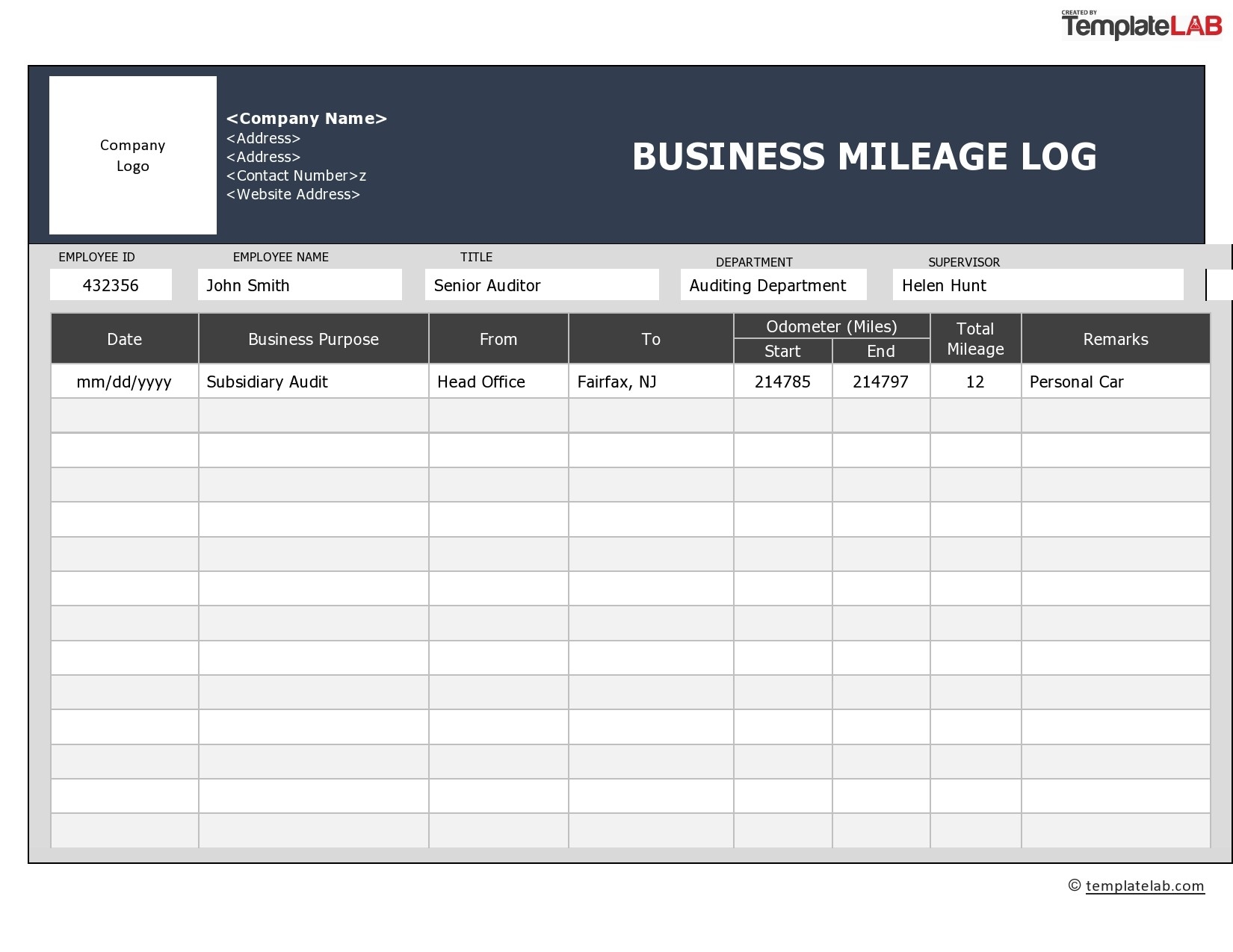 Pdf Free Printable Mileage Log Form