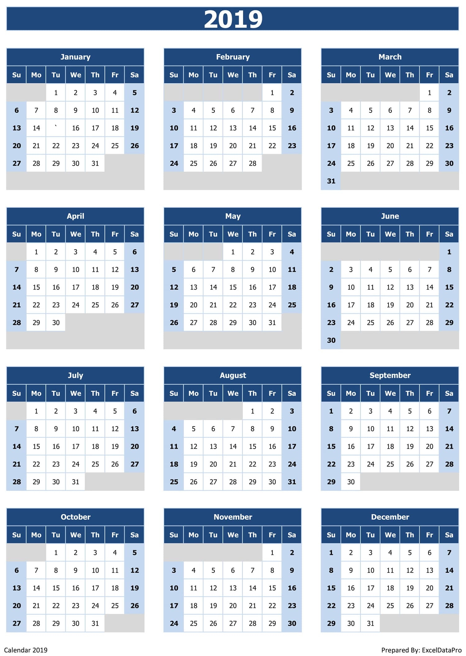 2019 Calendar Excel Templates Printable PDFs U0026 Images ExcelDataPro