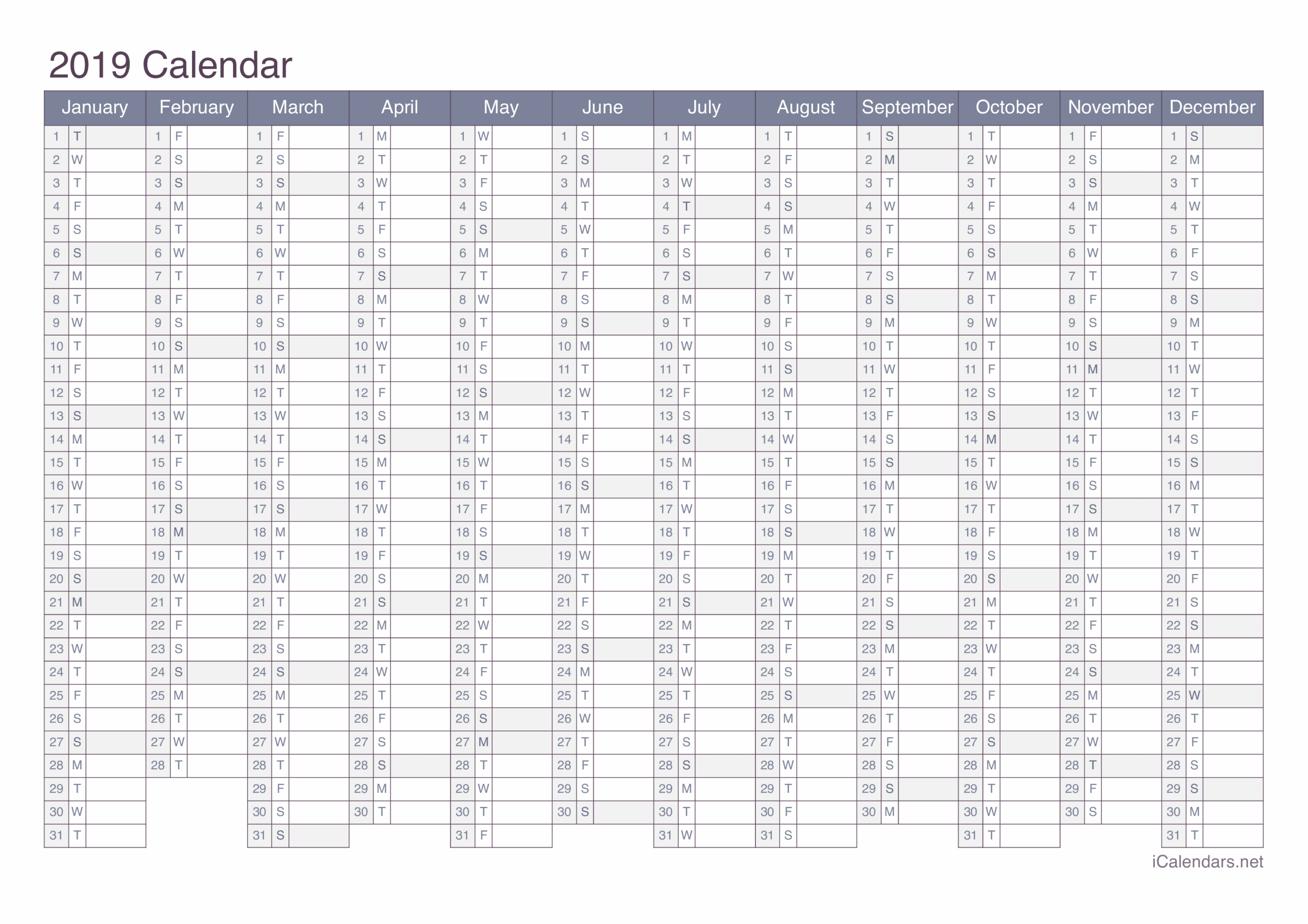 2019 Printable Calendar PDF Or Excel