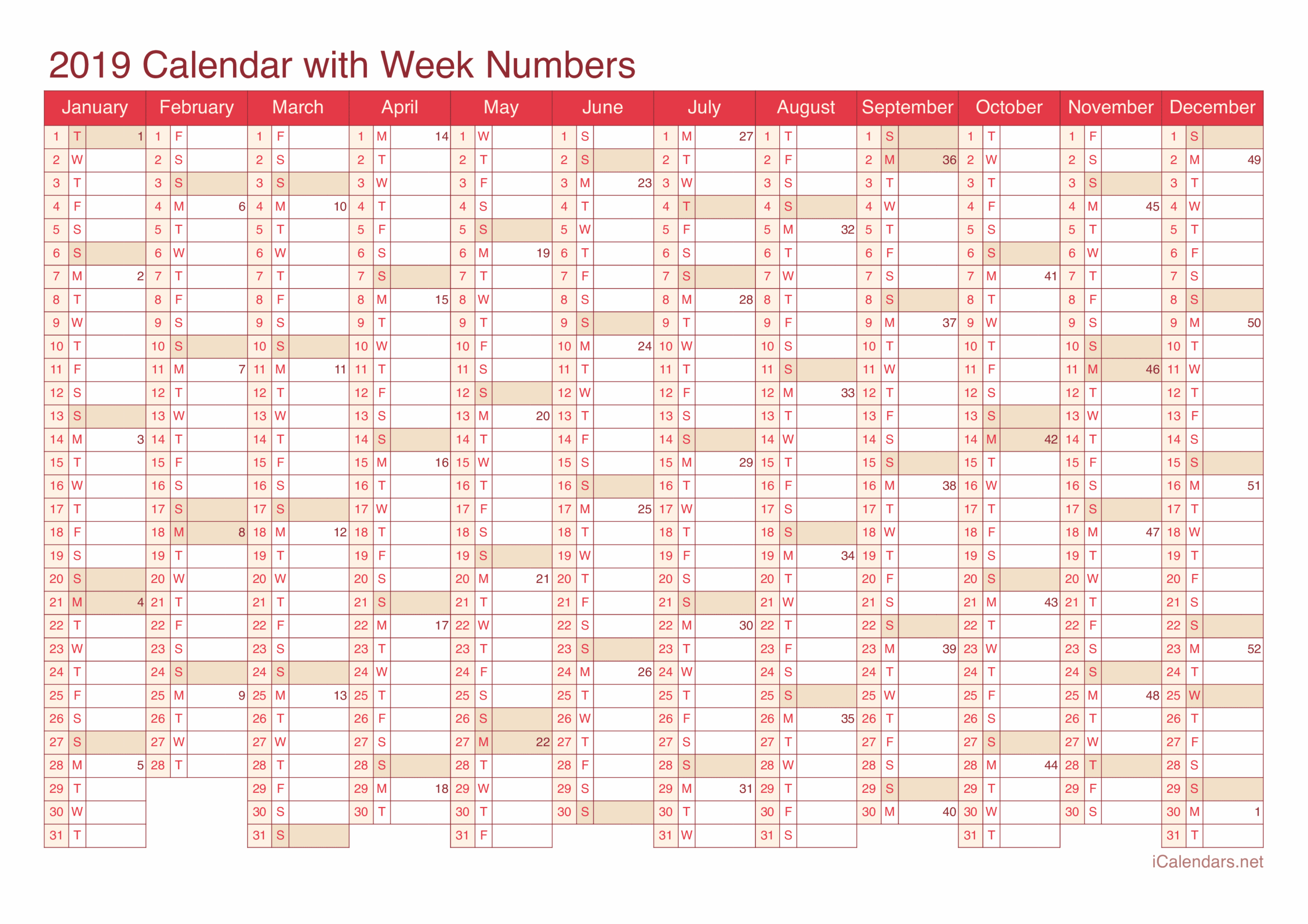 2019 Calendar Free Printable