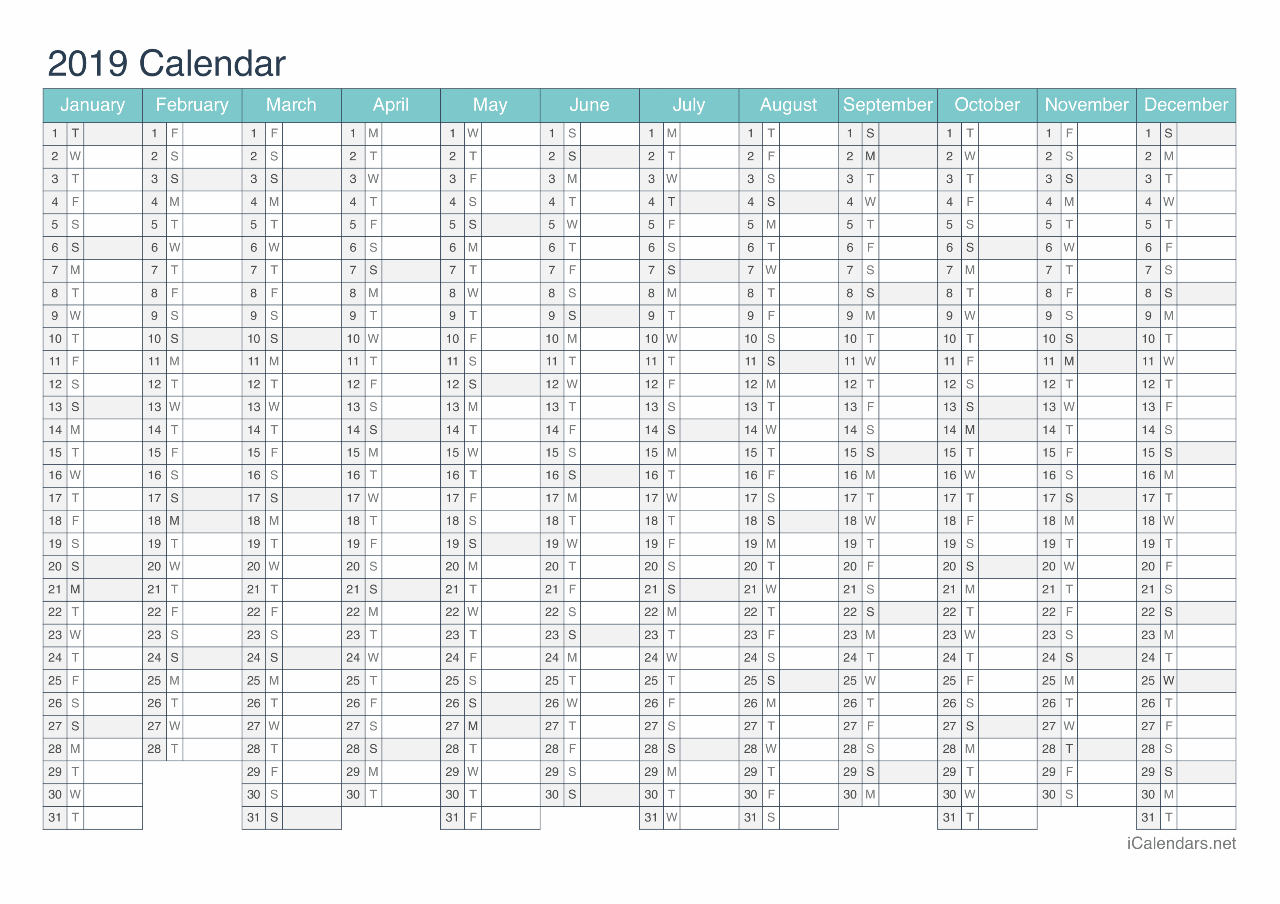 2019 Printable Calendar PDF Or Excel