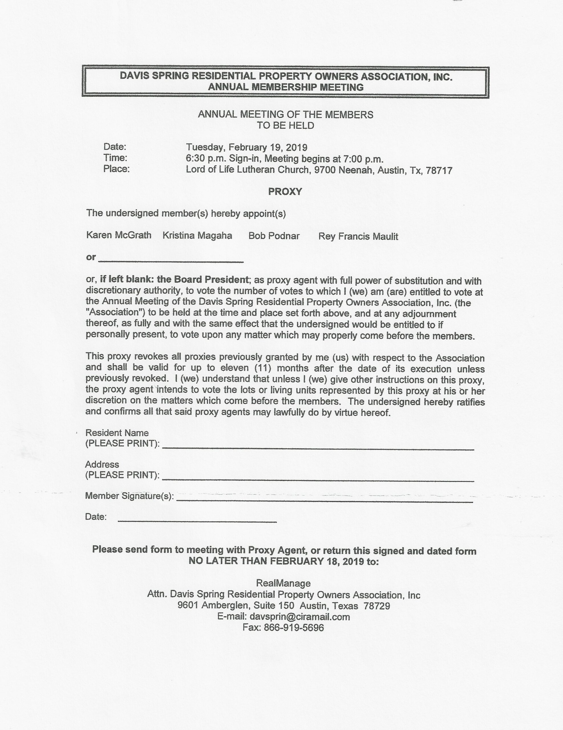 Free Printable Hoa Proxy Form