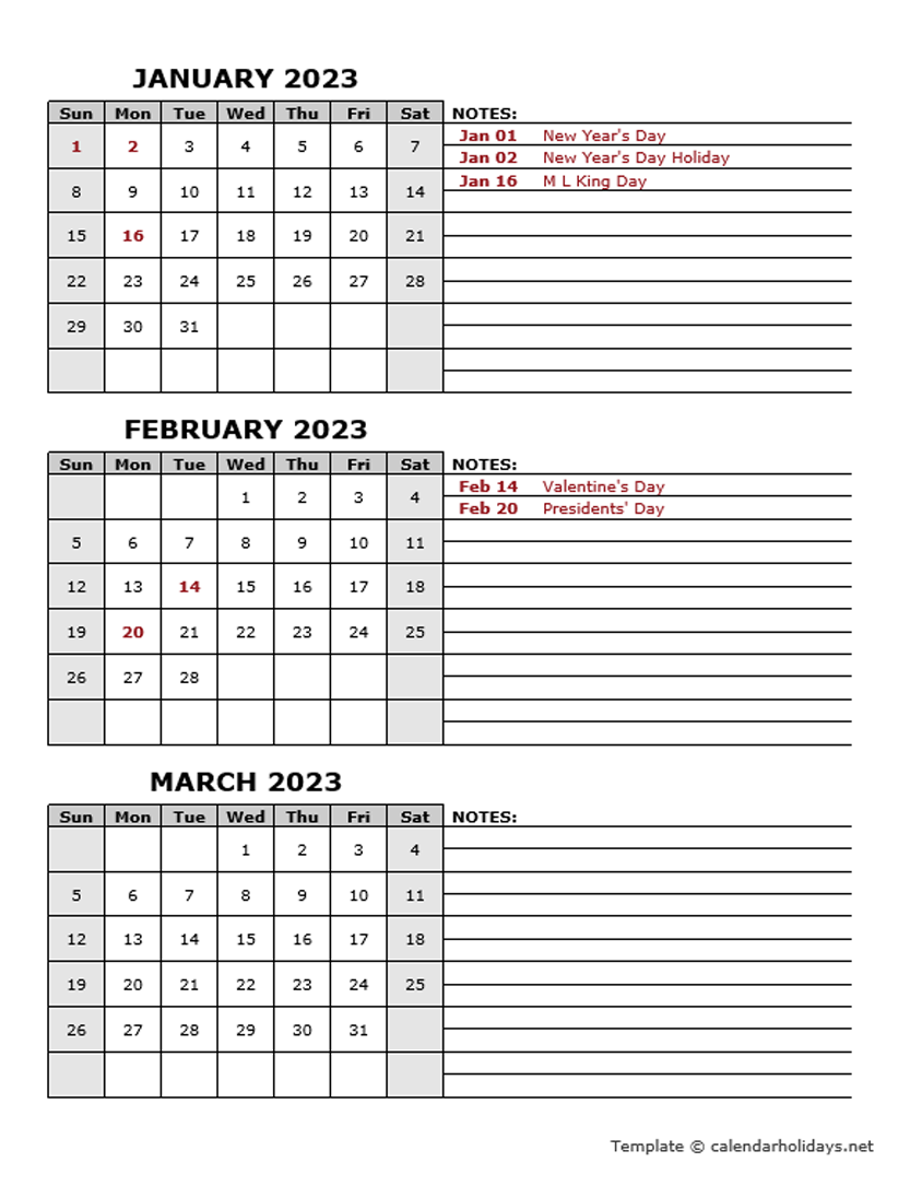 2023 Quarterly Template CalendarHolidays