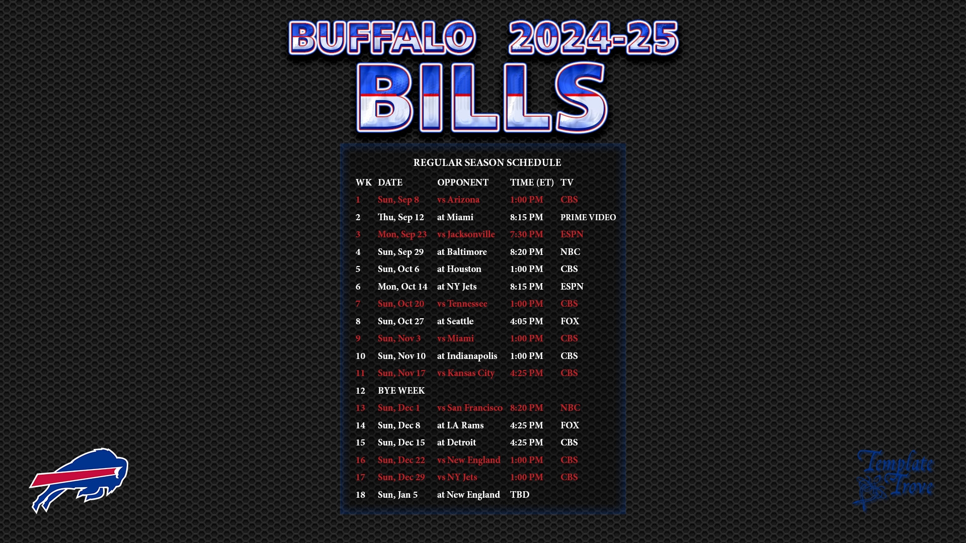 Free Printable Buffalo Bills Schedule