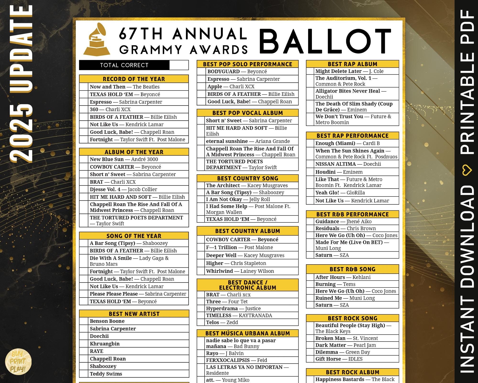 2025 Grammys Ballot 67th Music Awards Predictions Academy 