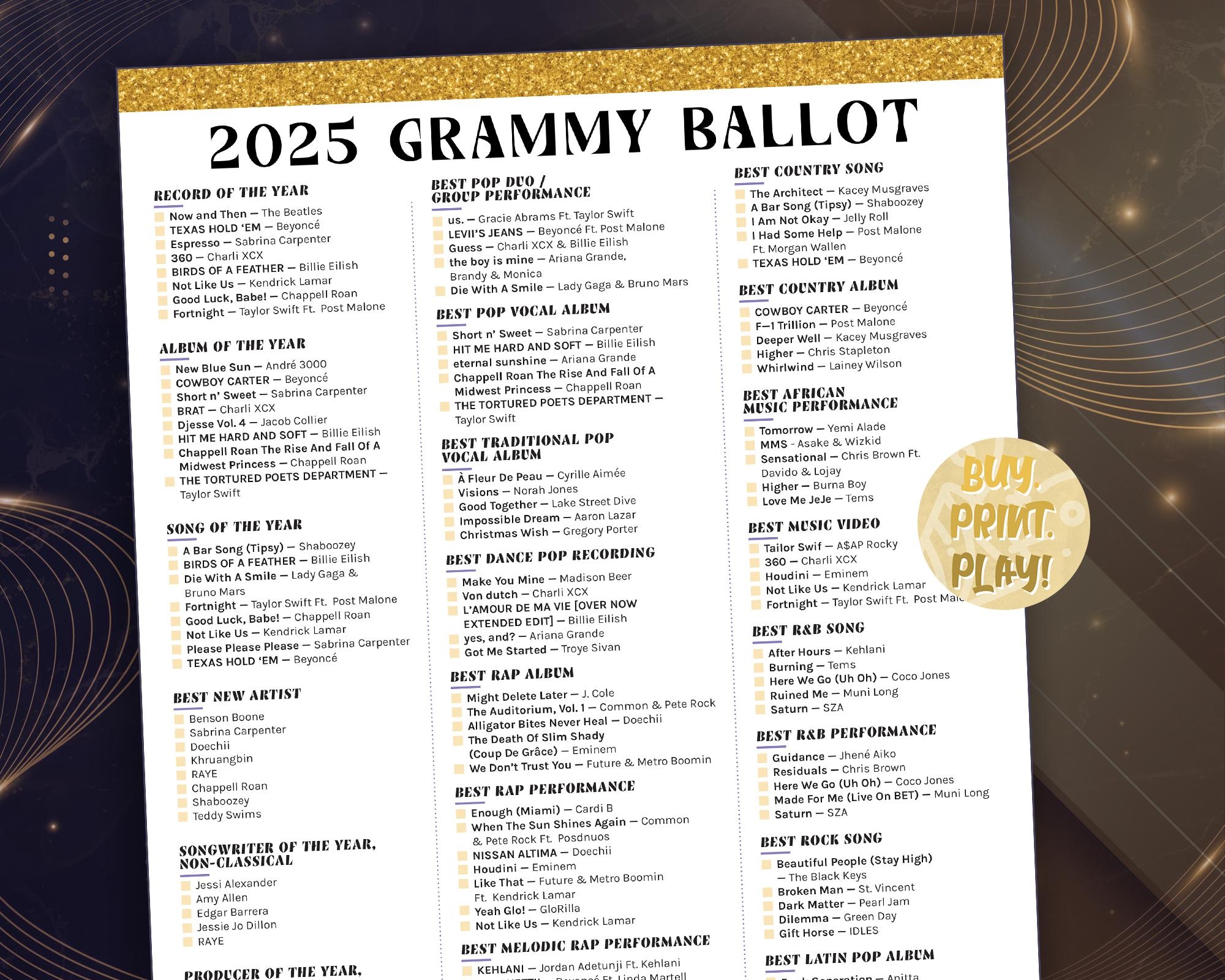2025 Grammys Ballot For 67th Music Awards Printable Predictions 
