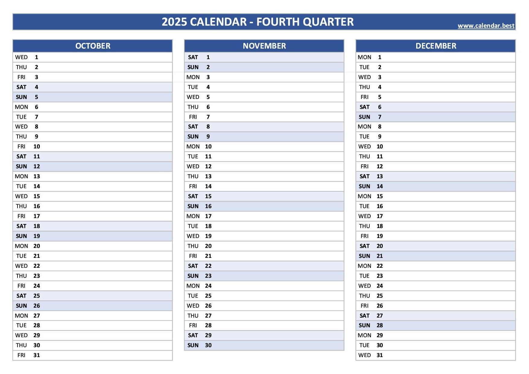 2025 Quarterly Calendar To Print