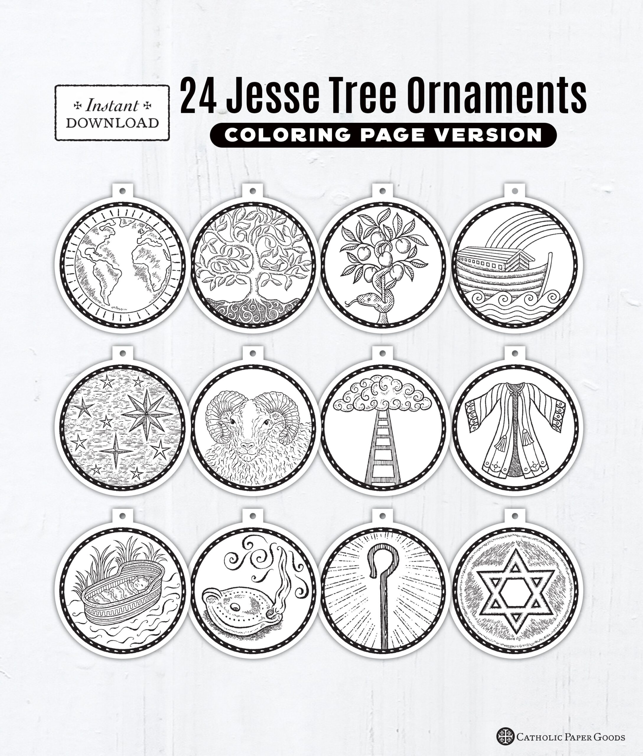 24 Jesse Tree Printable Ornaments PDF Coloring Page Ornaments 