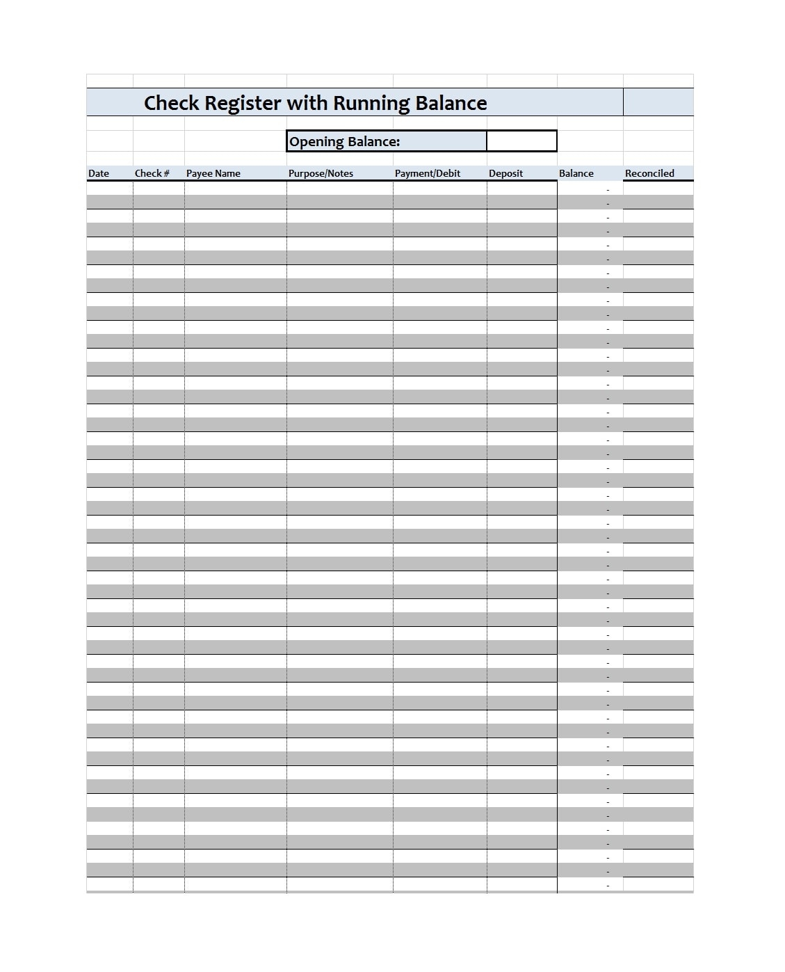 Free Printable Checkbook Register