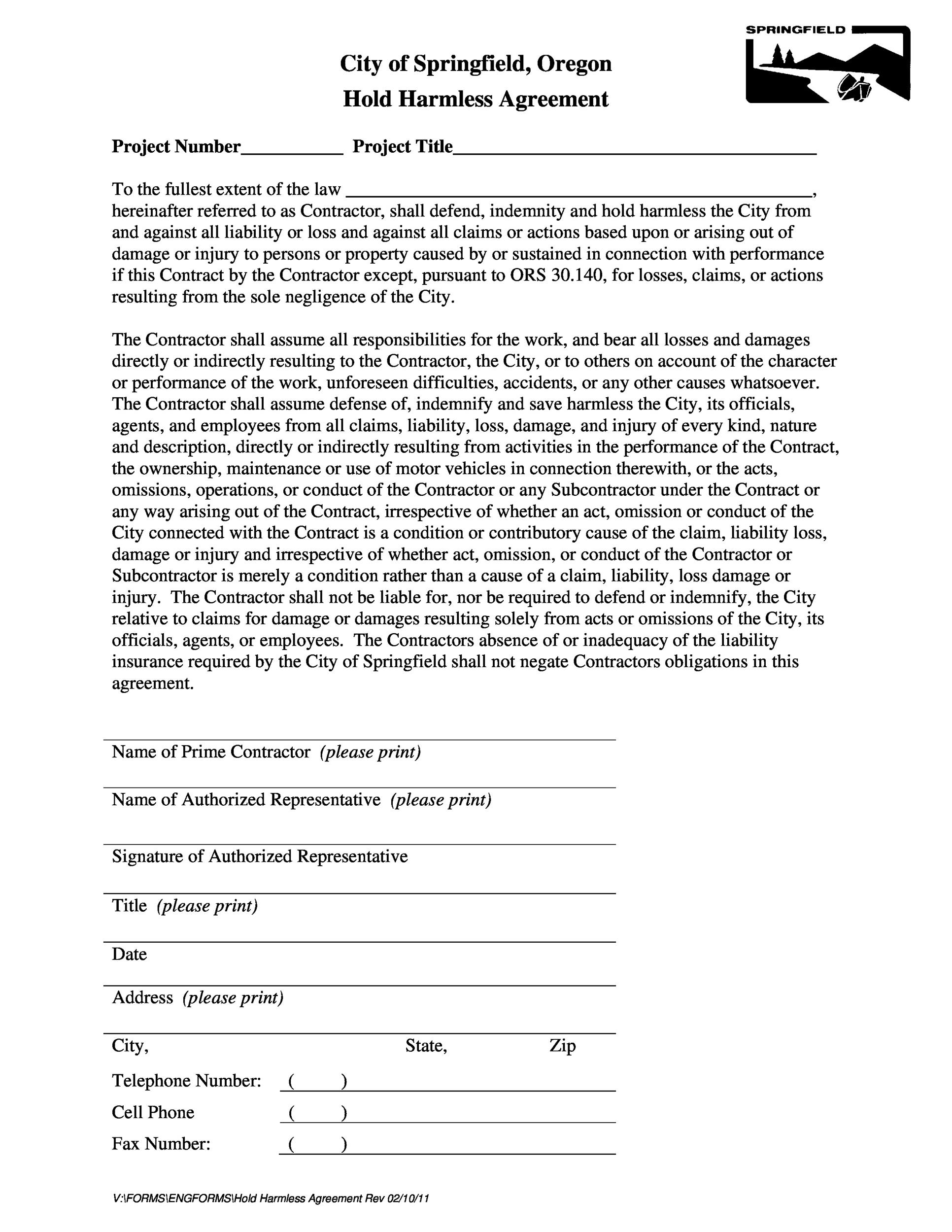 Free Printable Hold Harmless Agreement