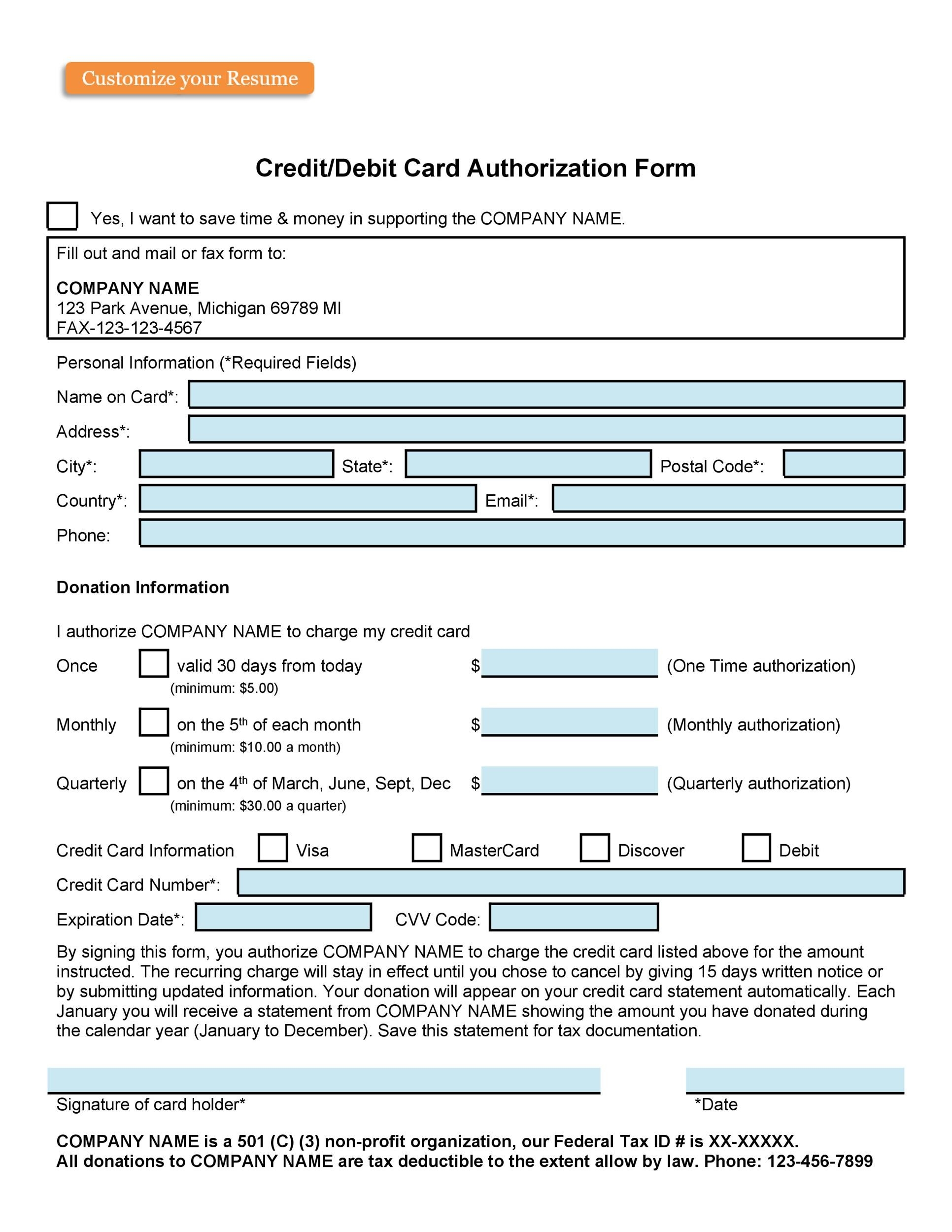 Free Printable Credit Card Authorization Form