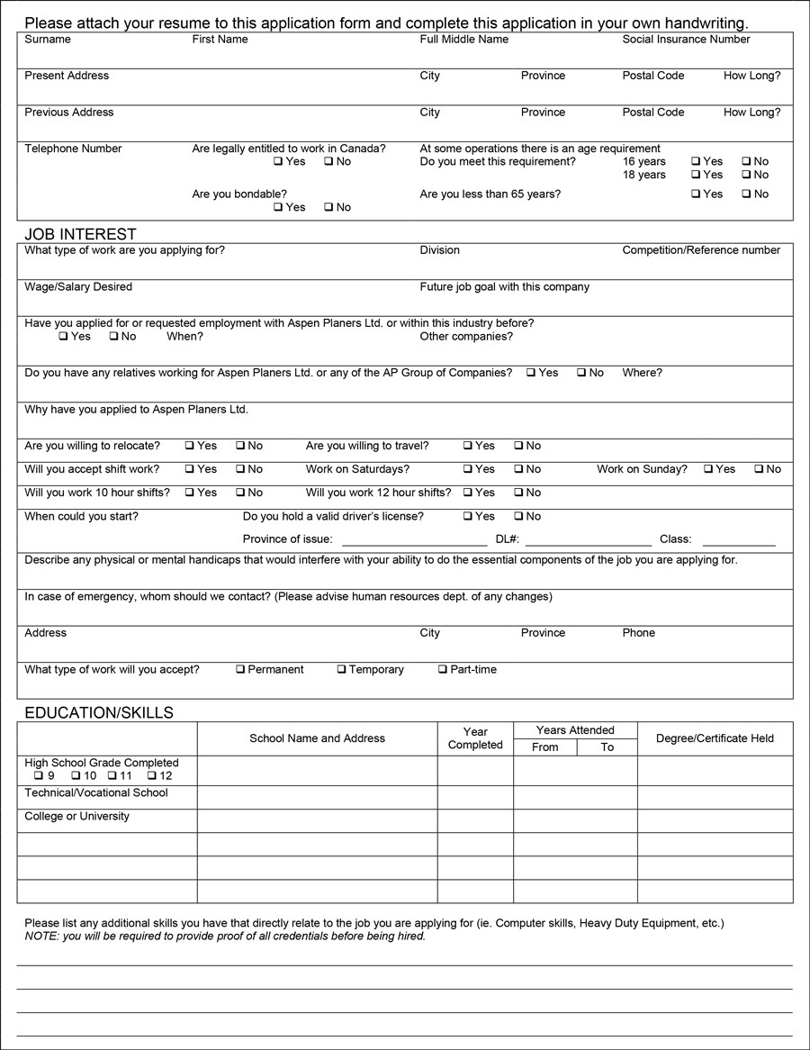 Free Printable Sample Job Applications