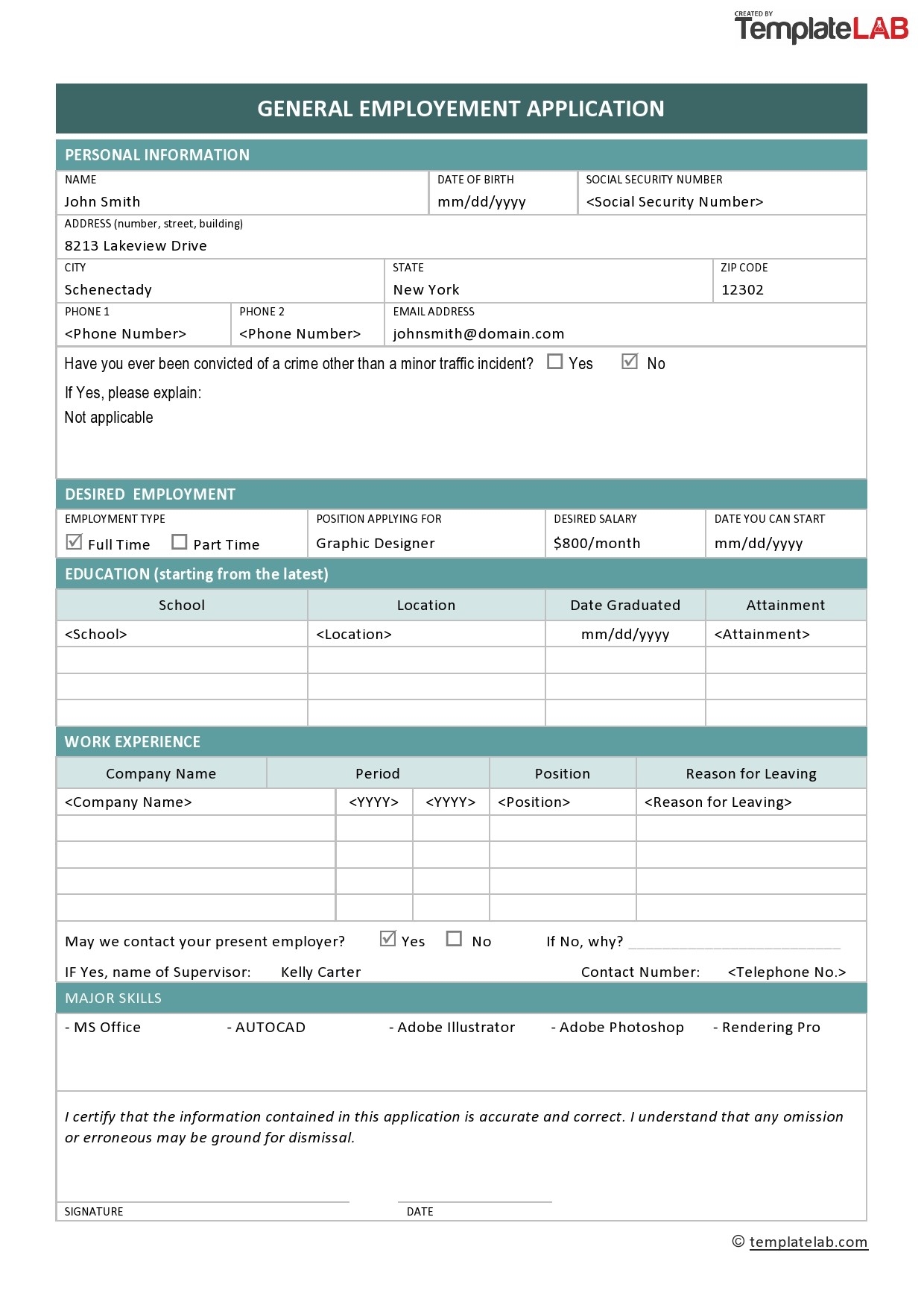Free Job Application Template Printable