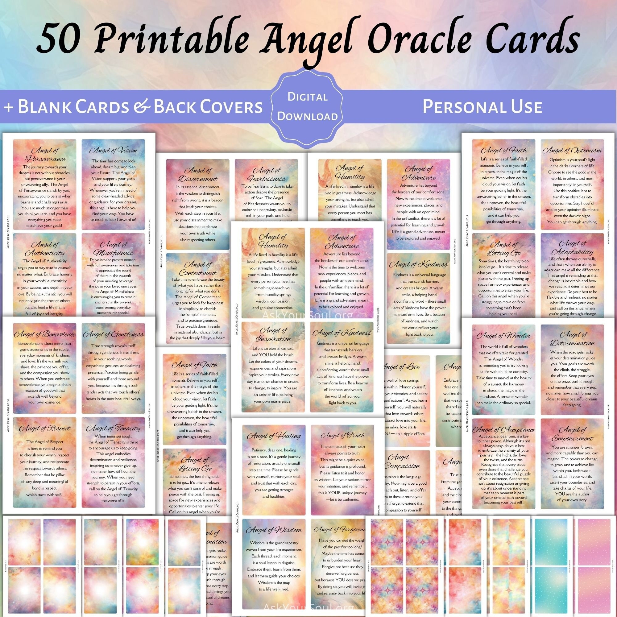 50 PRINTABLE Angel Oracle Cards Personal Use Colorful Spiritual Guidance Messages Supportive Encouraging Cards PDF Blank Oracle Cards Etsy