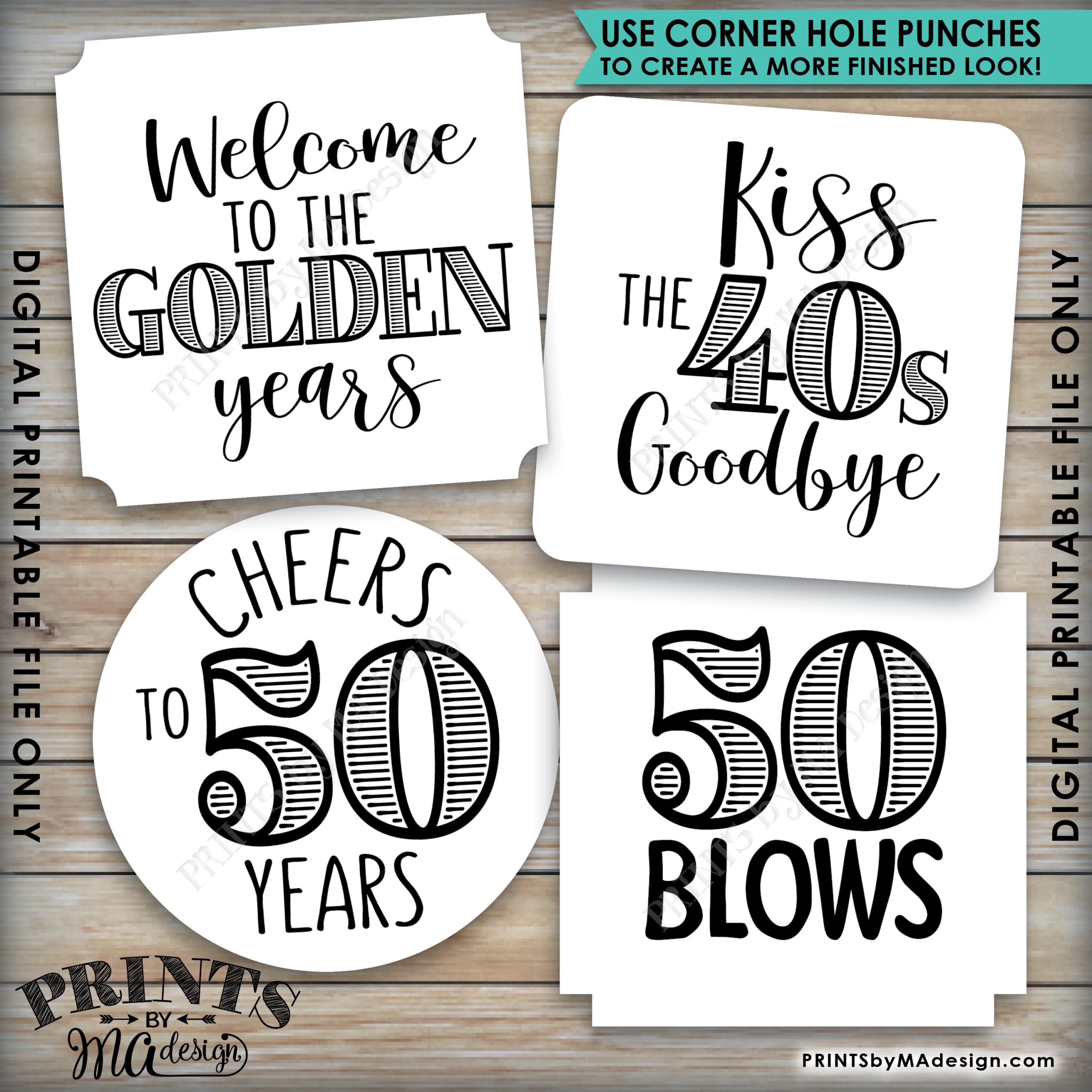 50th Birthday Party Candy Signs Candy Bar 50 Sucks Blows Rocks Kiss 40s Goodbye B day Square 3x3 Tags On PRINTABLE 8 5x11 Sheet