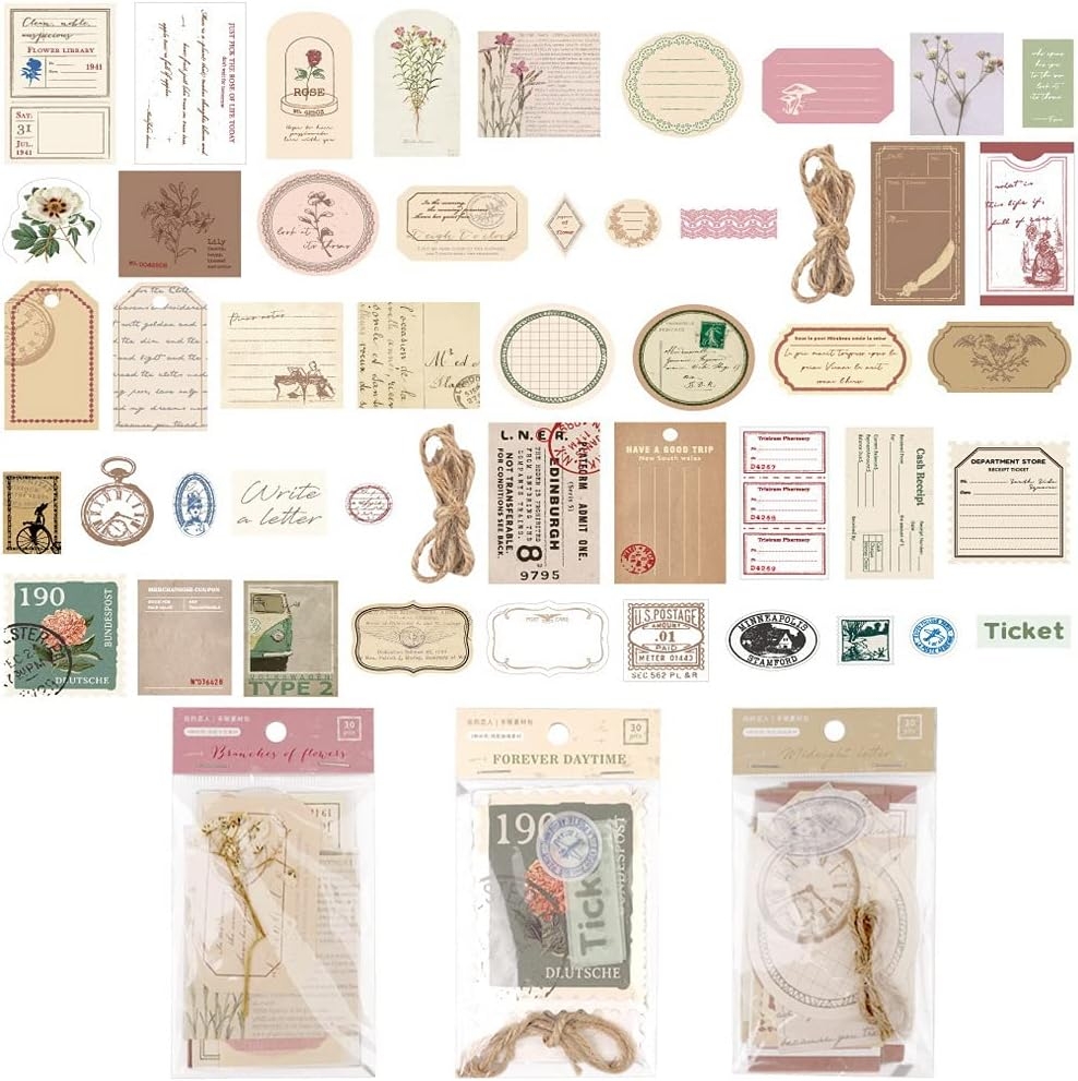 90 Pieces Vintage Scrapbook Stamp Stickers For Art Journaling DIY Crafts Bullet Journals