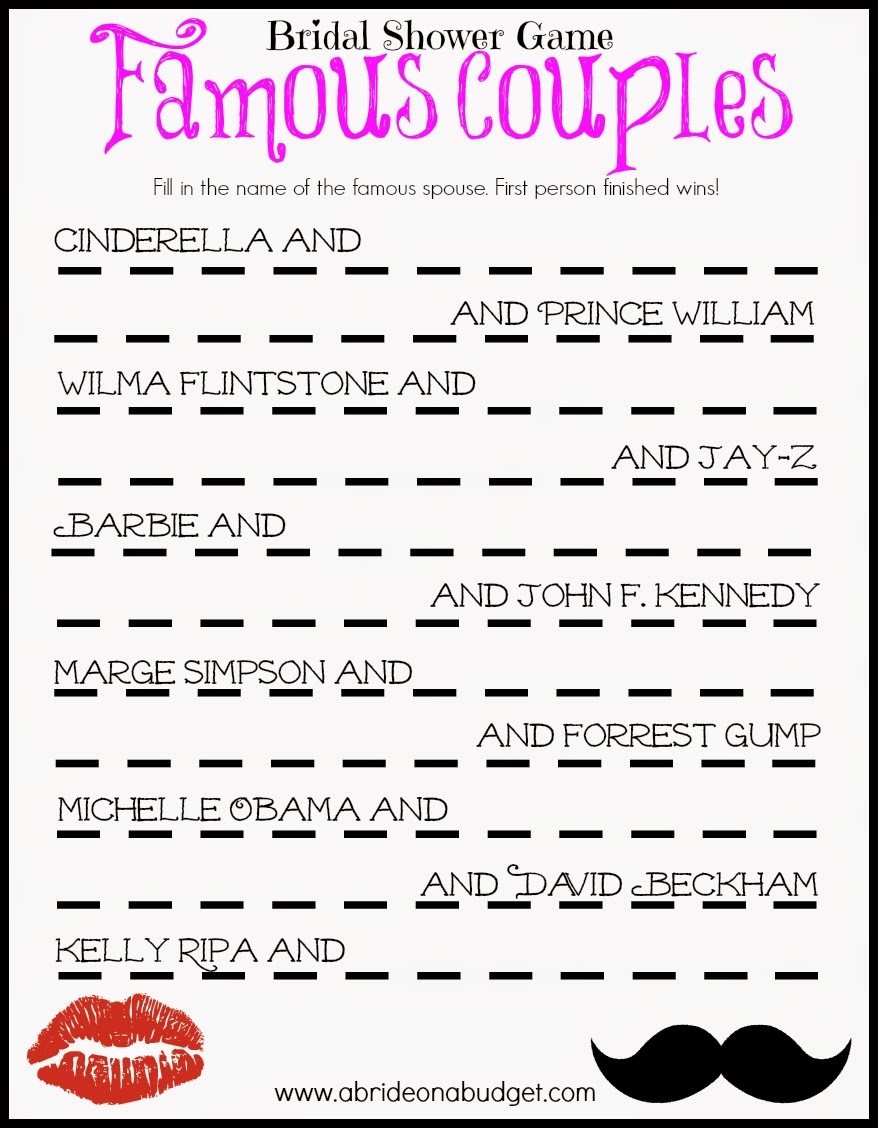 A Bride On A Budget Famous Couples Bridal Shower Game Free 