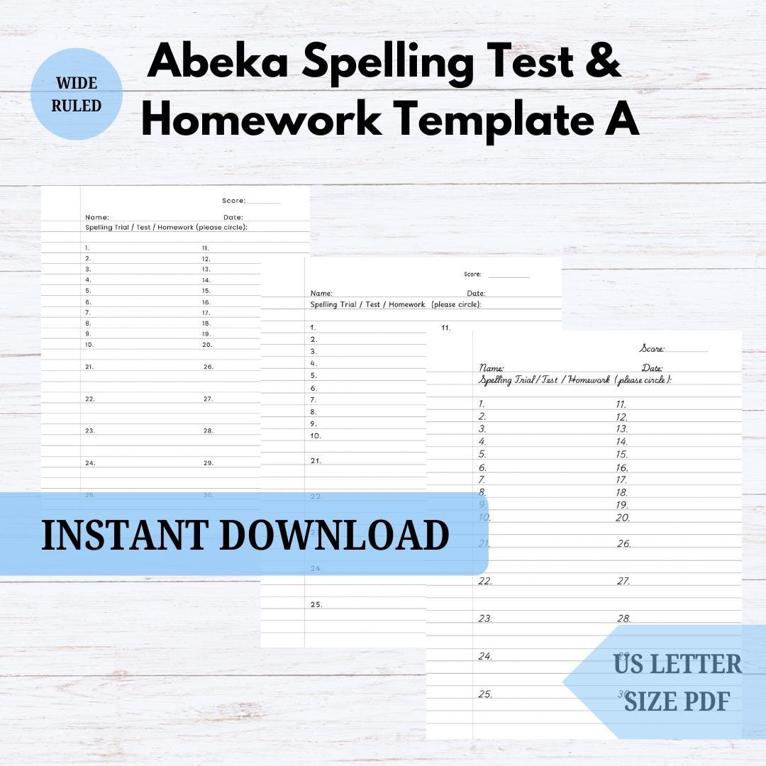 Abeka Spelling List Test U0026 Homework Template A Printable Instant 