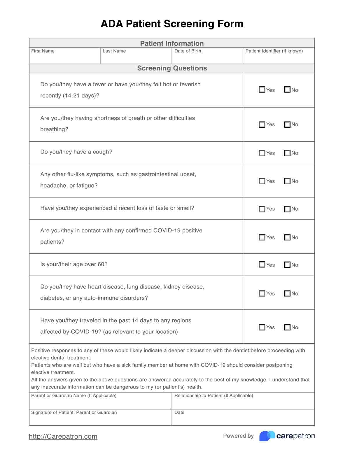 ADA Patient Screening Form U0026 Template Free PDF Download