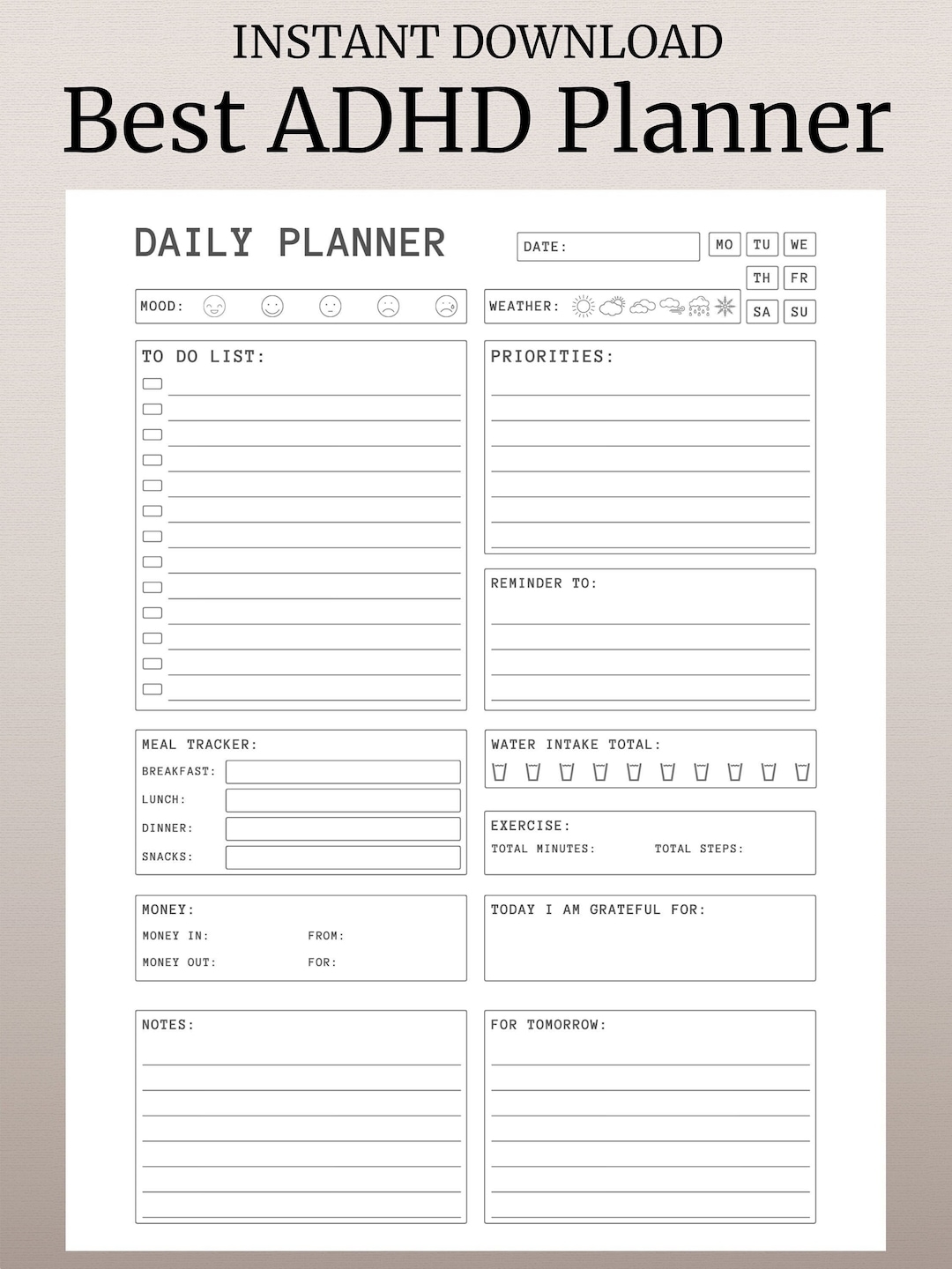 ADHD Daily Planner Printable Hourly Planner Organized Planner ADHD Planner Printable Planner Downloadable Planner Digital Planner Etsy UK