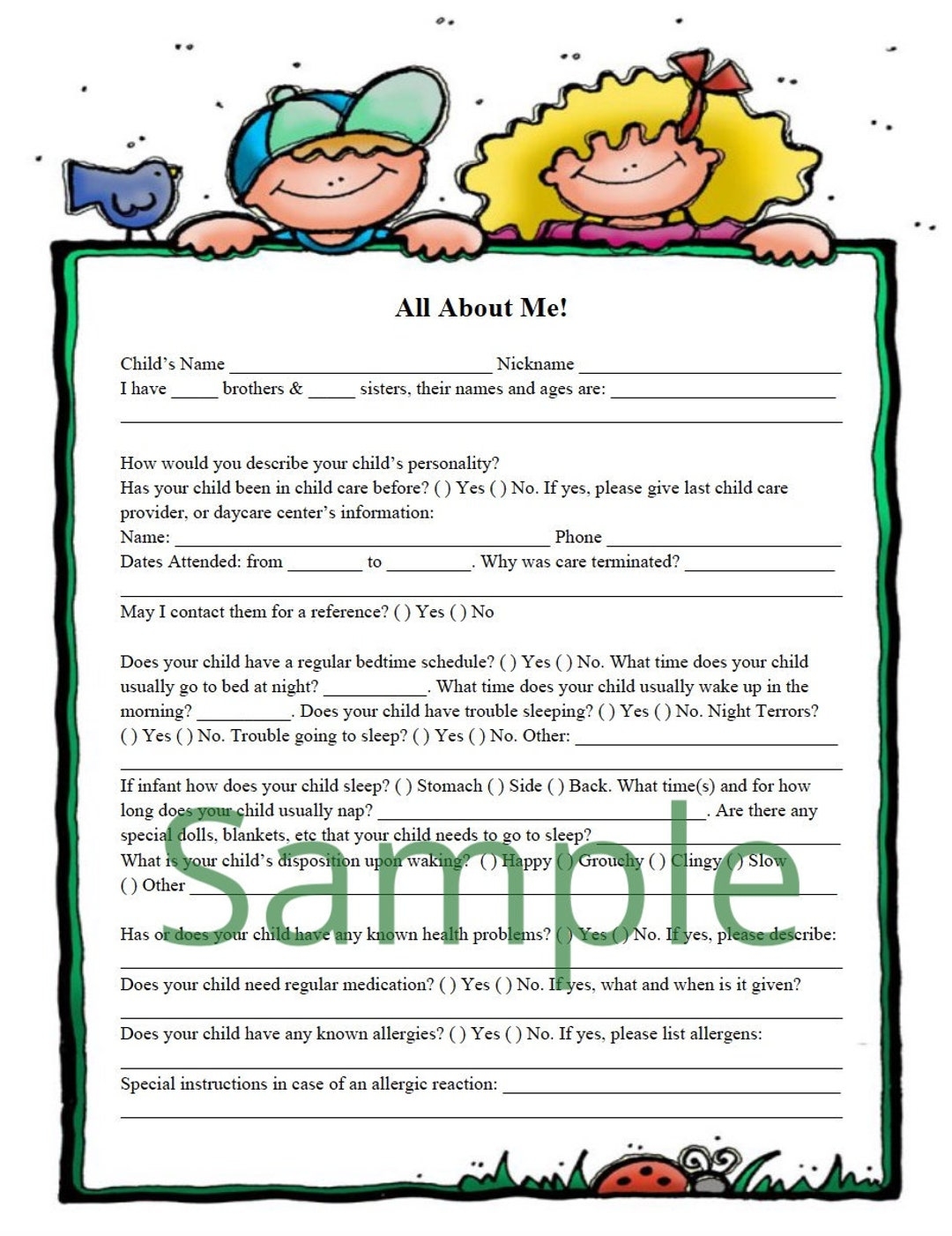 All About Me Daycare Questionnaire Fully Editable Child Care Form 