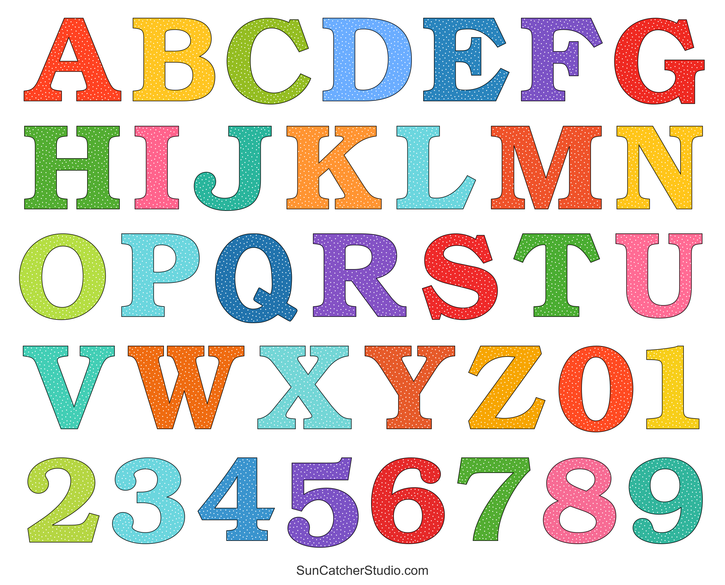 Alphabet Letters And Numbers With A Colorful Polka Dot Design Free Printables Monograms Design Tools Patterns U0026 DIY Projects