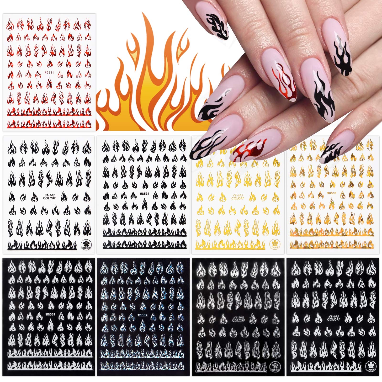 Amazon 9 Sheets Flame Nail Stickers Decals TOROKOM 3D Holographic Self Adhesive Fire Nail Decals White Black Silver Gold Red Flame Nail Art 