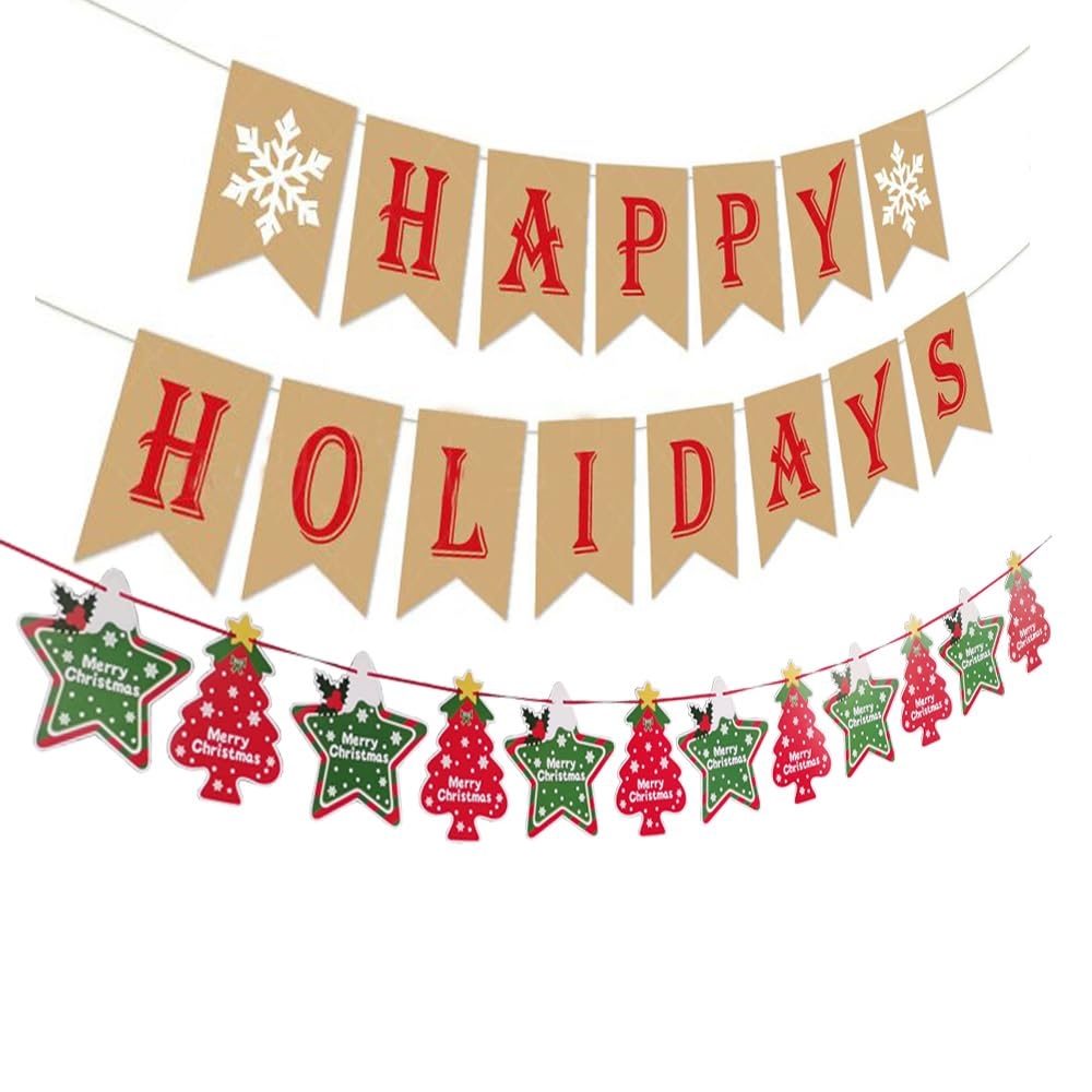 Amazon Happy Holidays Banner Kit 2 Pieces Christmas Tree Bunting Garland Xmas Holiday Welcome New Year Party Supplies Decorations For Home 