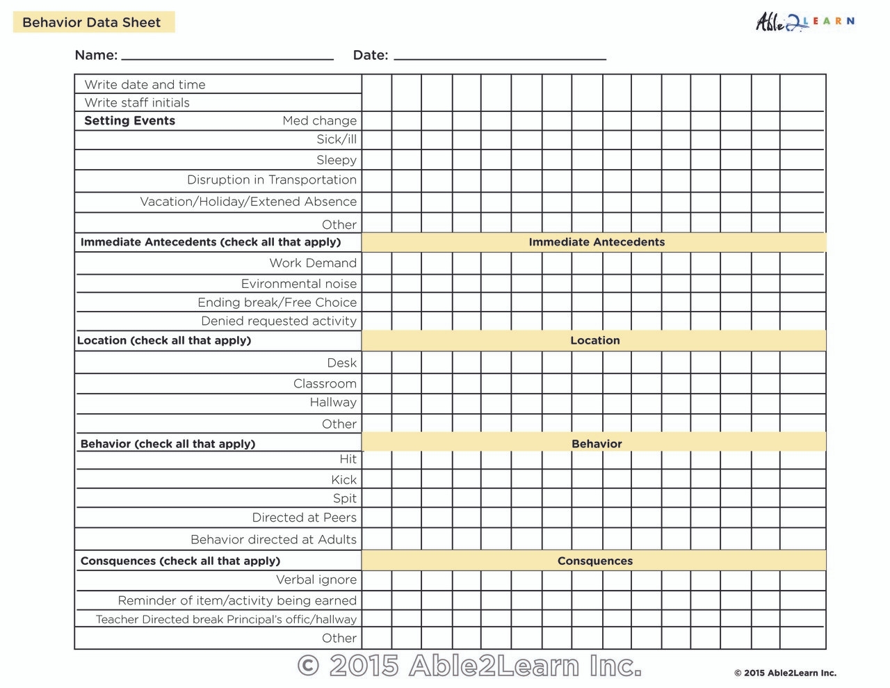 Antecedent Behavior Consequence ABC Chart Worksheets Library