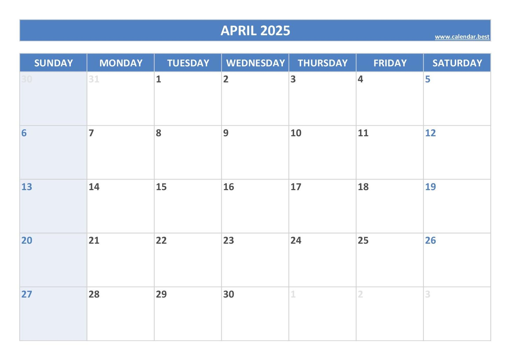 April Calendar Free Printable