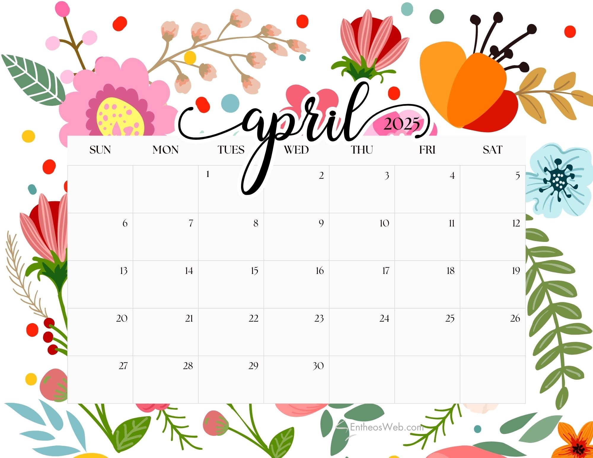 April Calendar Printable Free