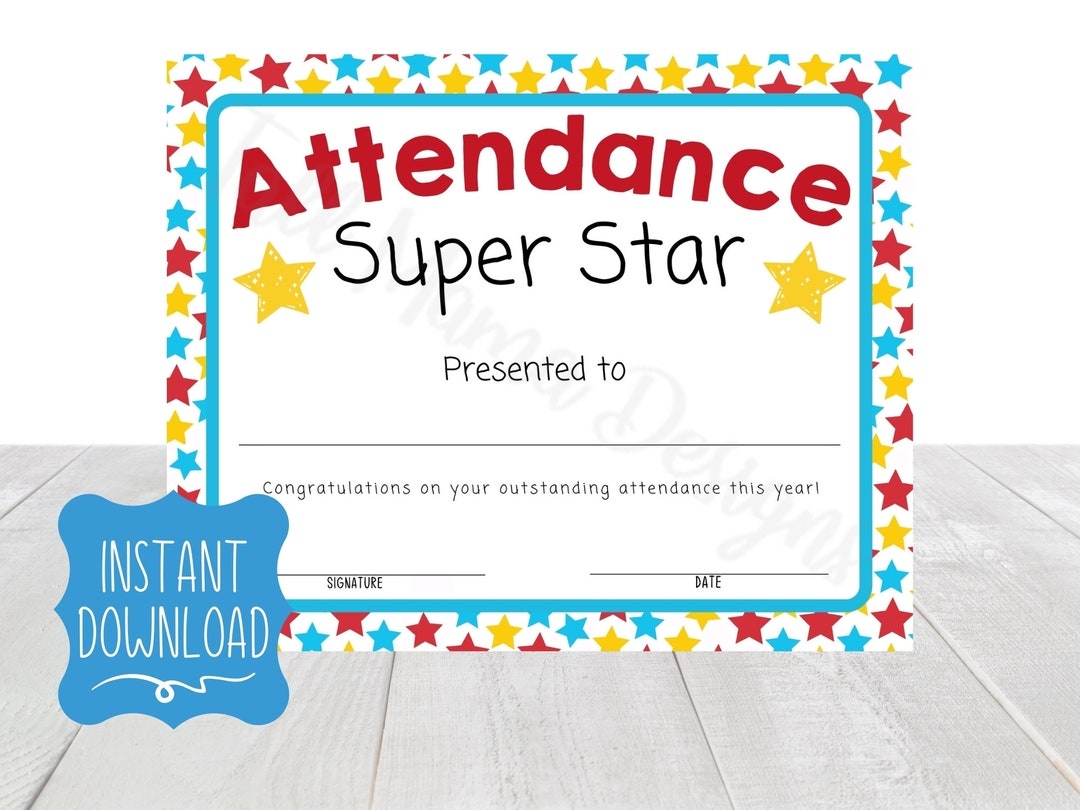 Attendance Award Certificate Printable Perfect Attendance Certificate Attendance Award Printable School Attendance Certificate Kid Award Etsy