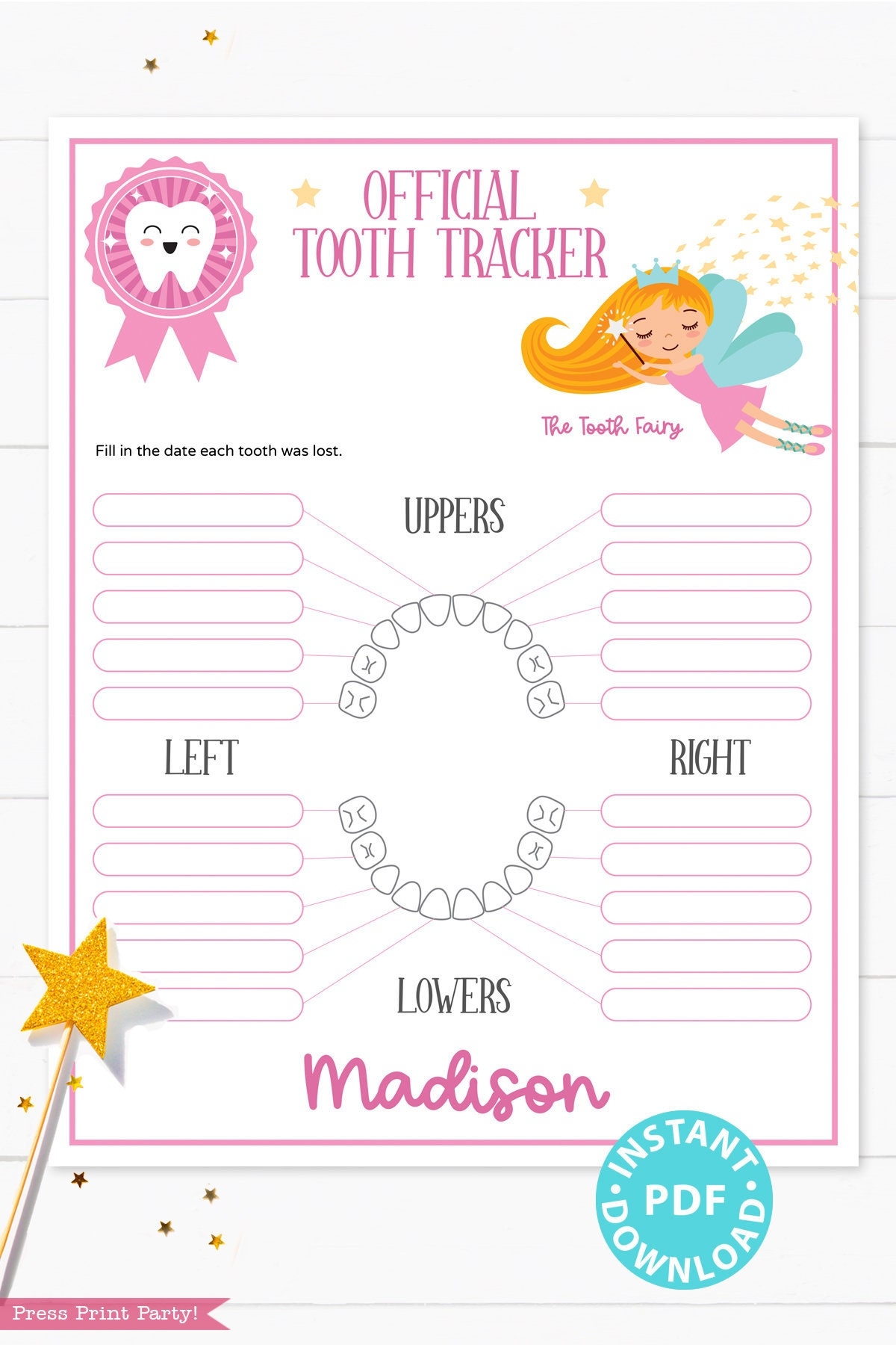 Baby Teeth Chart With The Tooth Fairy Printable Tooth Tracker Editable And Customizable Tooth Fairy For Girls INSTANT DOWNLOAD