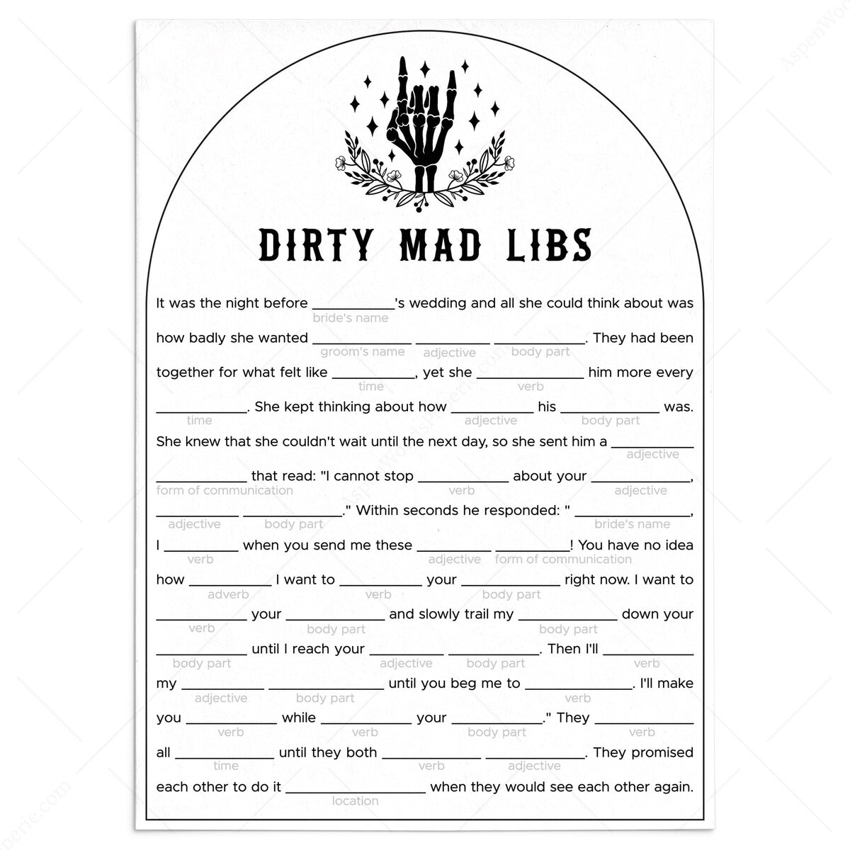 Bachelorette Party Dirty Mad Libs Game Printable Bride Or Die