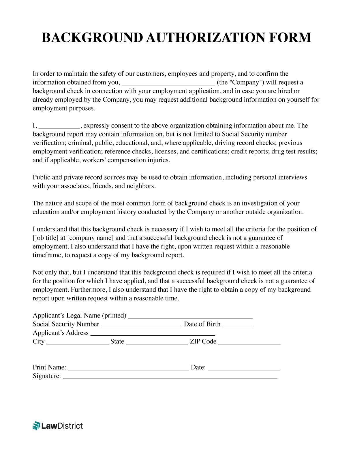 Free Printable Background Check Authorization Form