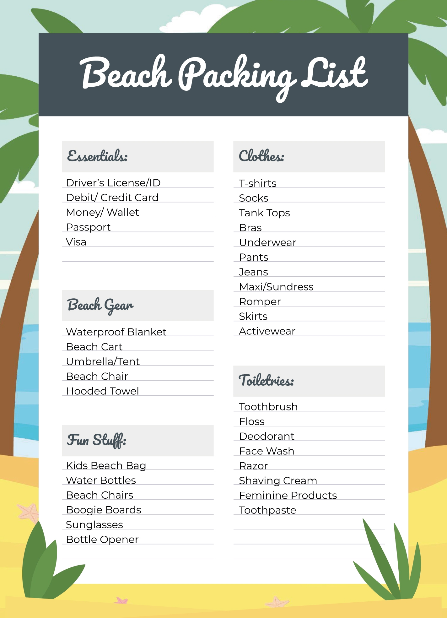 Beach Packing List Free Google Docs Template Gdoc io