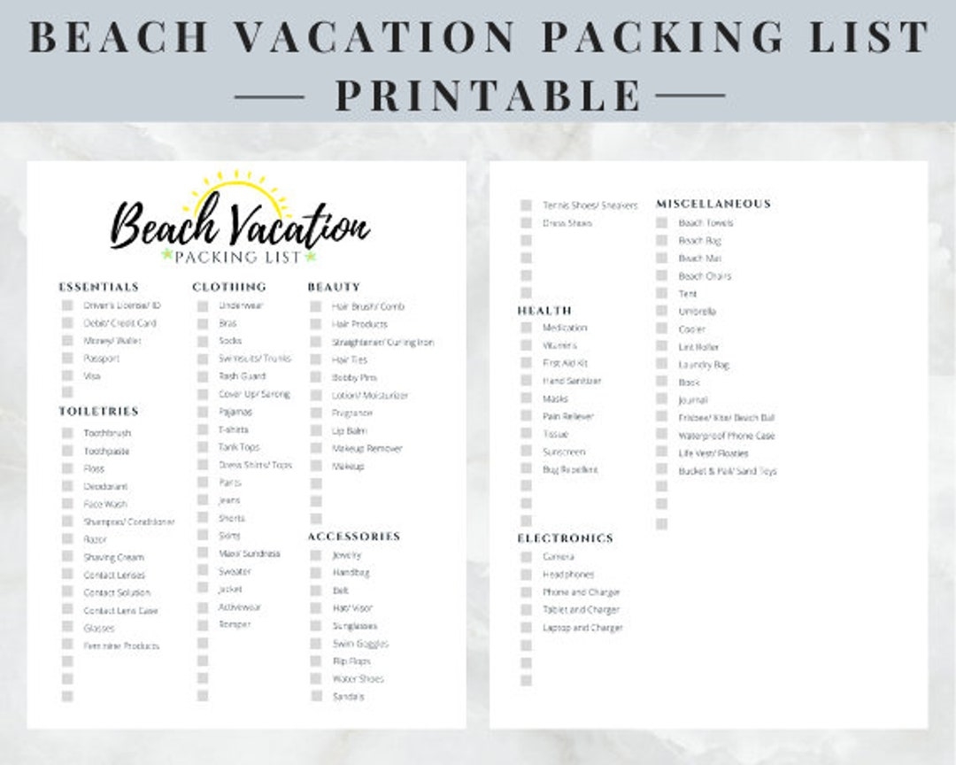 Beach Vacation Packing List Printable Instant Download Etsy