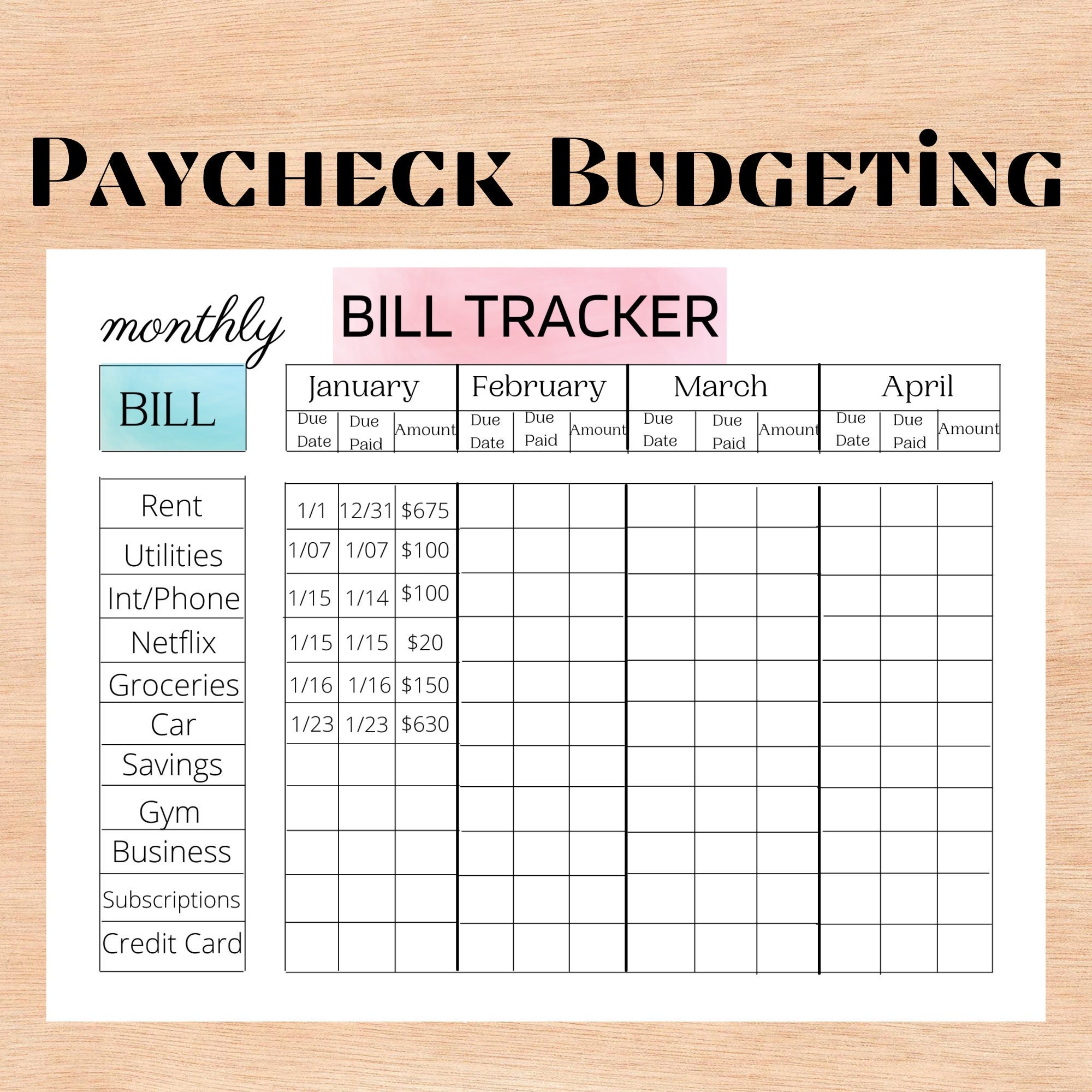 Bill Tracker Printable Bill Tracker PDF Monthly Budget Template 
