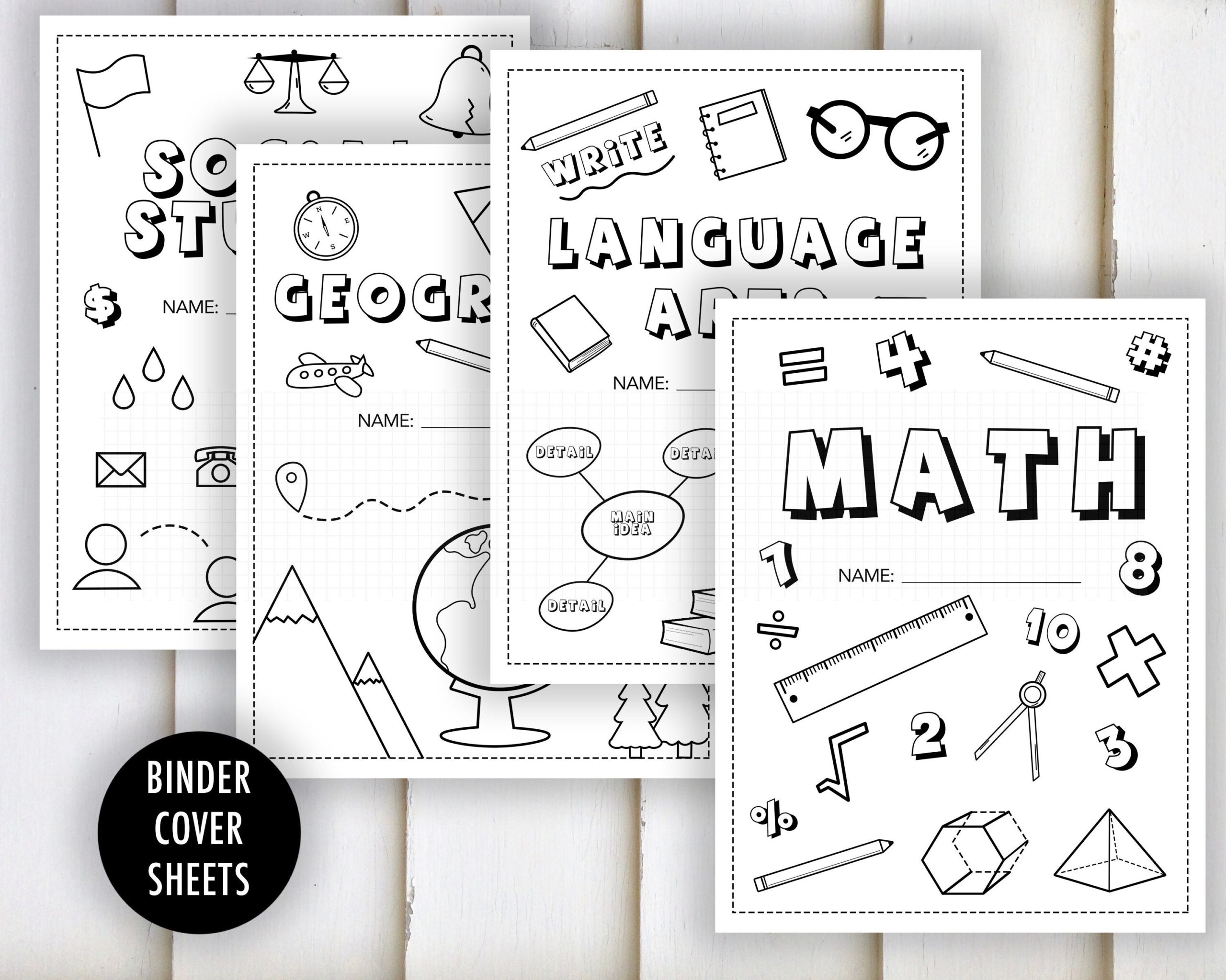 Binder Cover Printable Cover Sheet Math Language Arts Science Geography Coloring Class Organization 6th 7th Grade Download