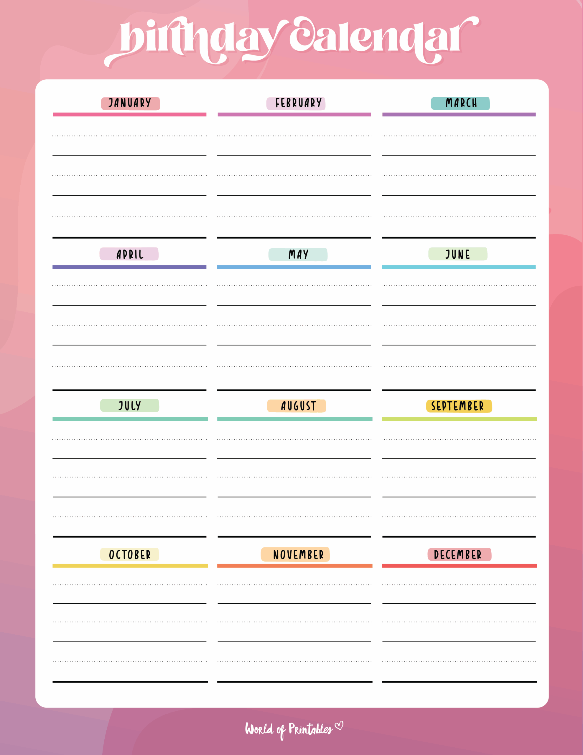 Free Printable Birthday Calendar