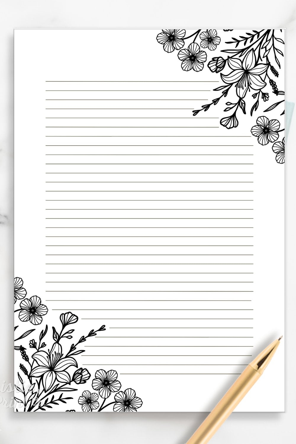 Black And White Floral Lined Paper Printable Stationery Paper 