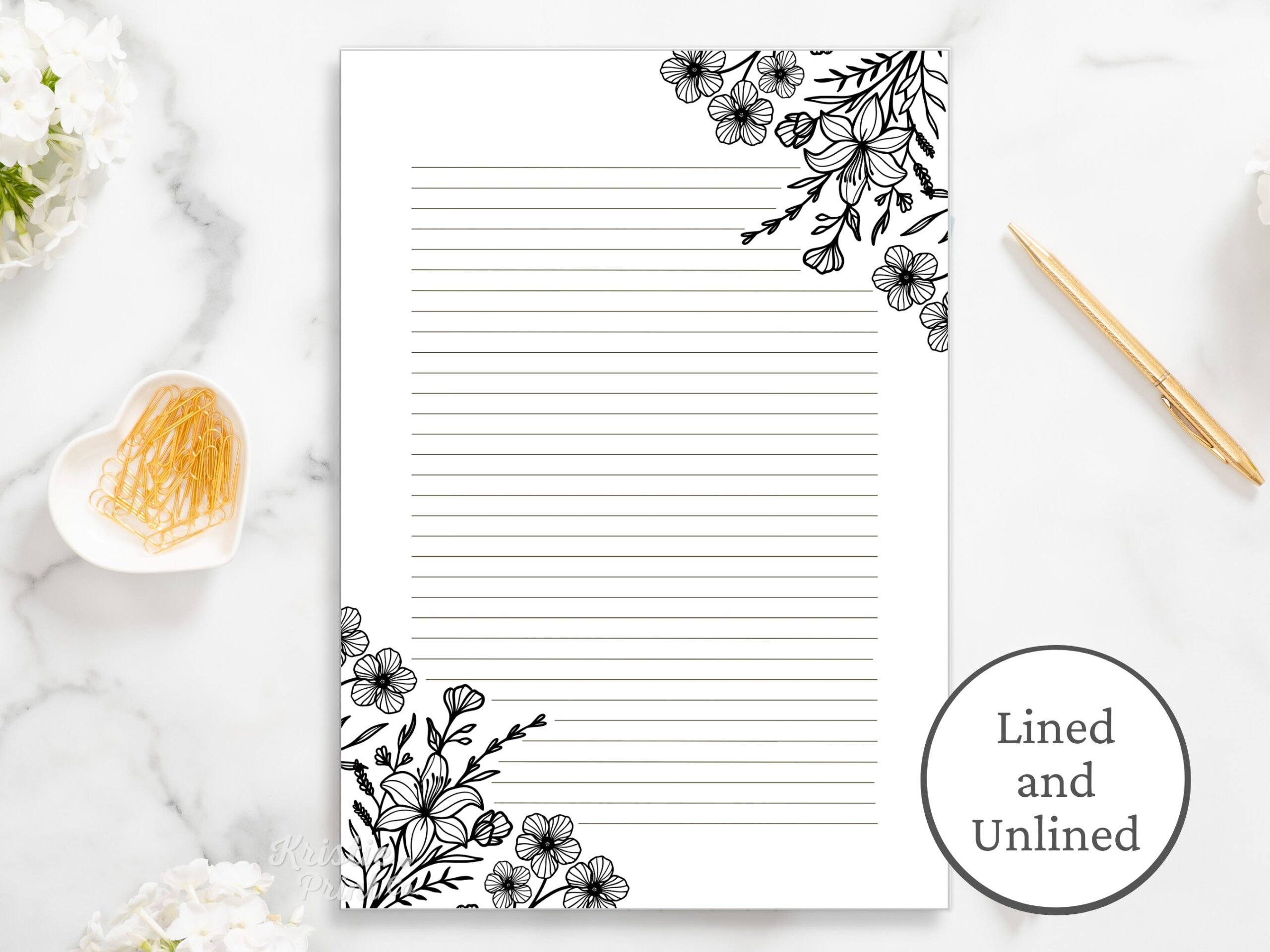 Black And White Floral Lined Paper Printable Stationery Paper 