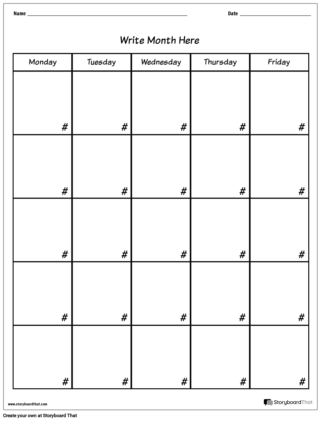 Blank 5 Day Custom Calendar Template Storyboard
