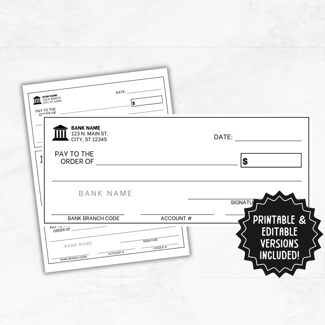 Blank Checks Template Editable Blank Cheque Printable Blank Checks Etsy