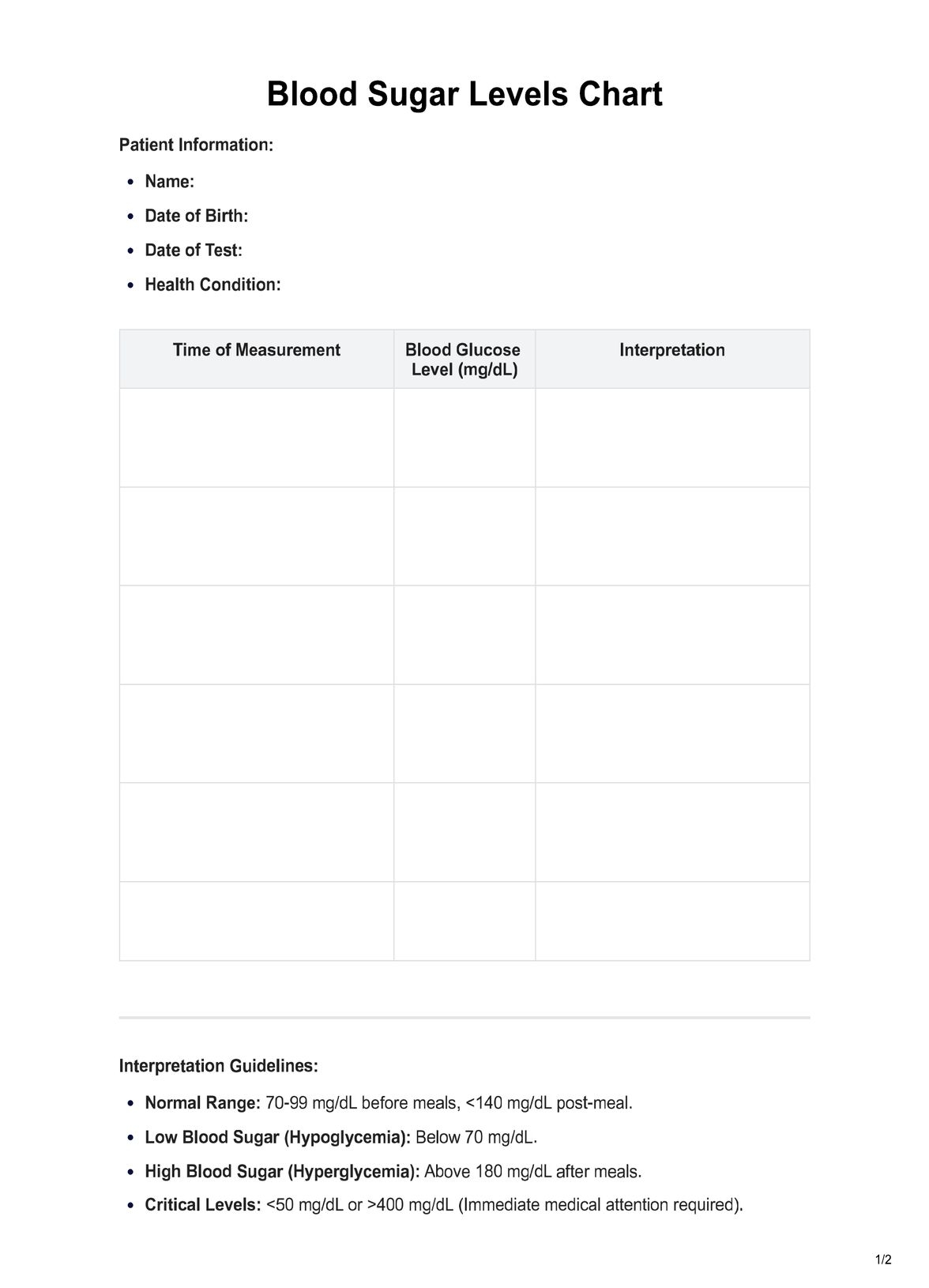 Free Printable Blood Sugar Charts